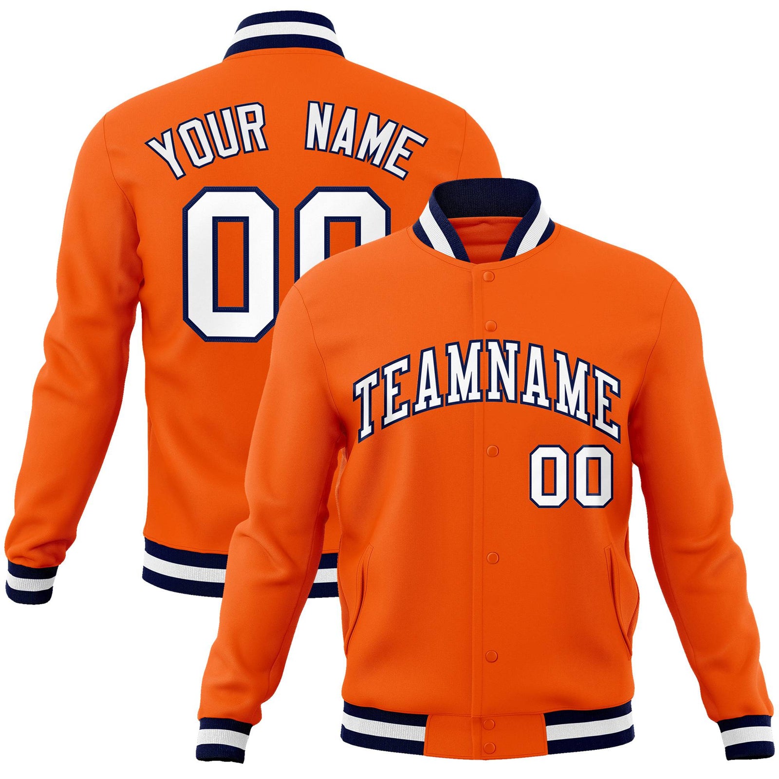 Custom Orange- White-Black Bomber Full-Snap Varsity Letterman Jacket