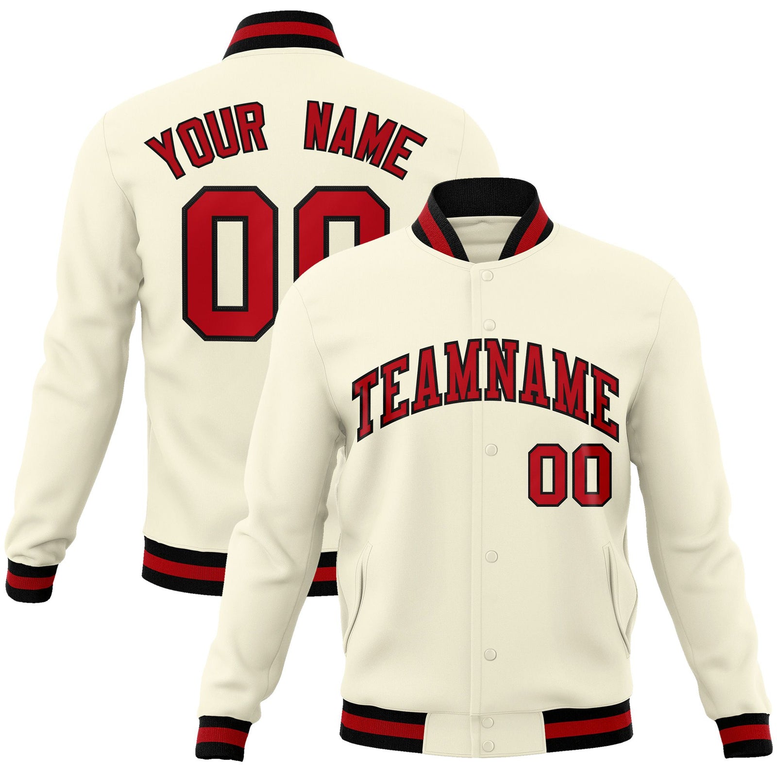 Custom Cream-Red-Black Bomber Full-Snap Varsity Letterman Jacket