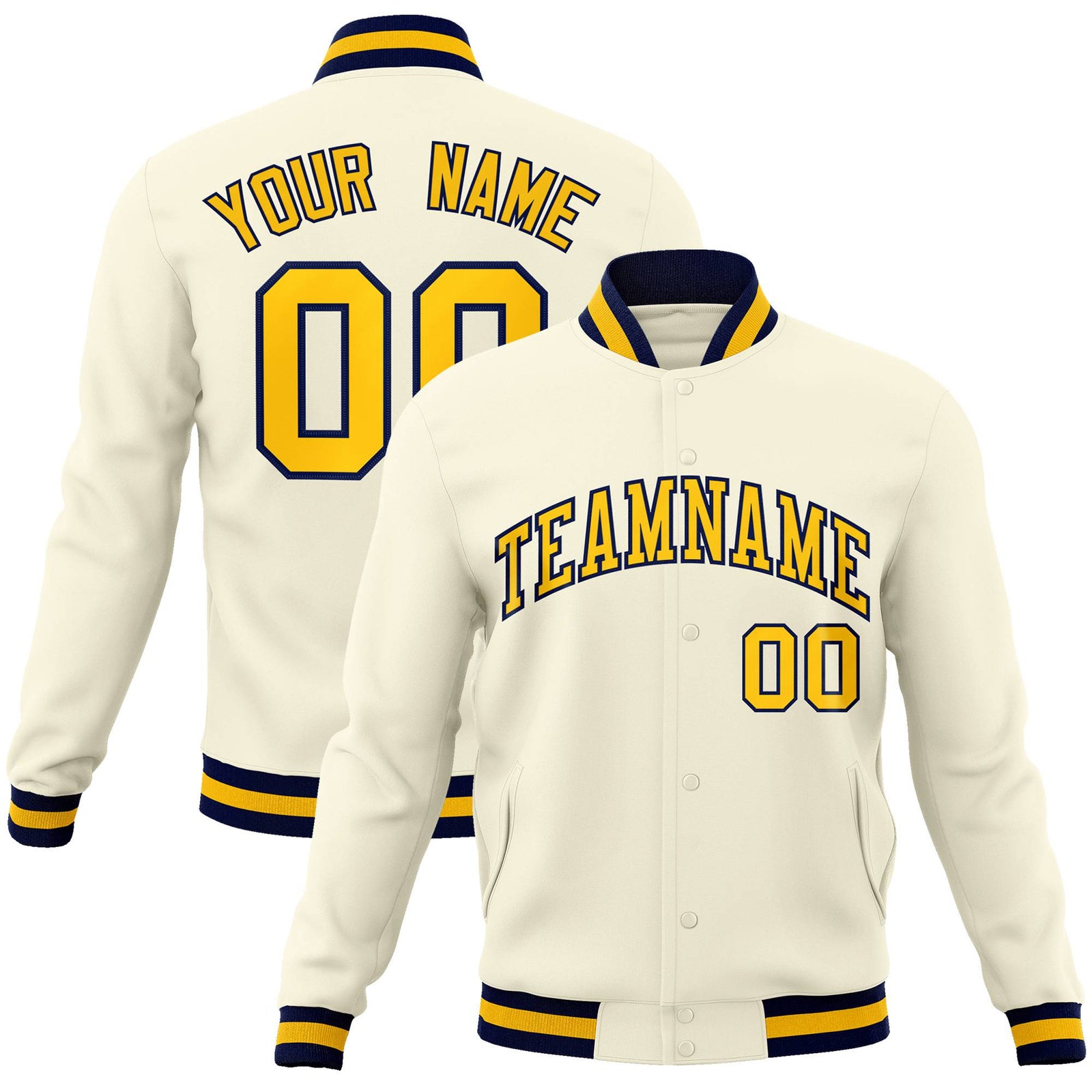 Custom Cream- Yellow-Black Bomber Full-Snap Varsity Letterman Jacket