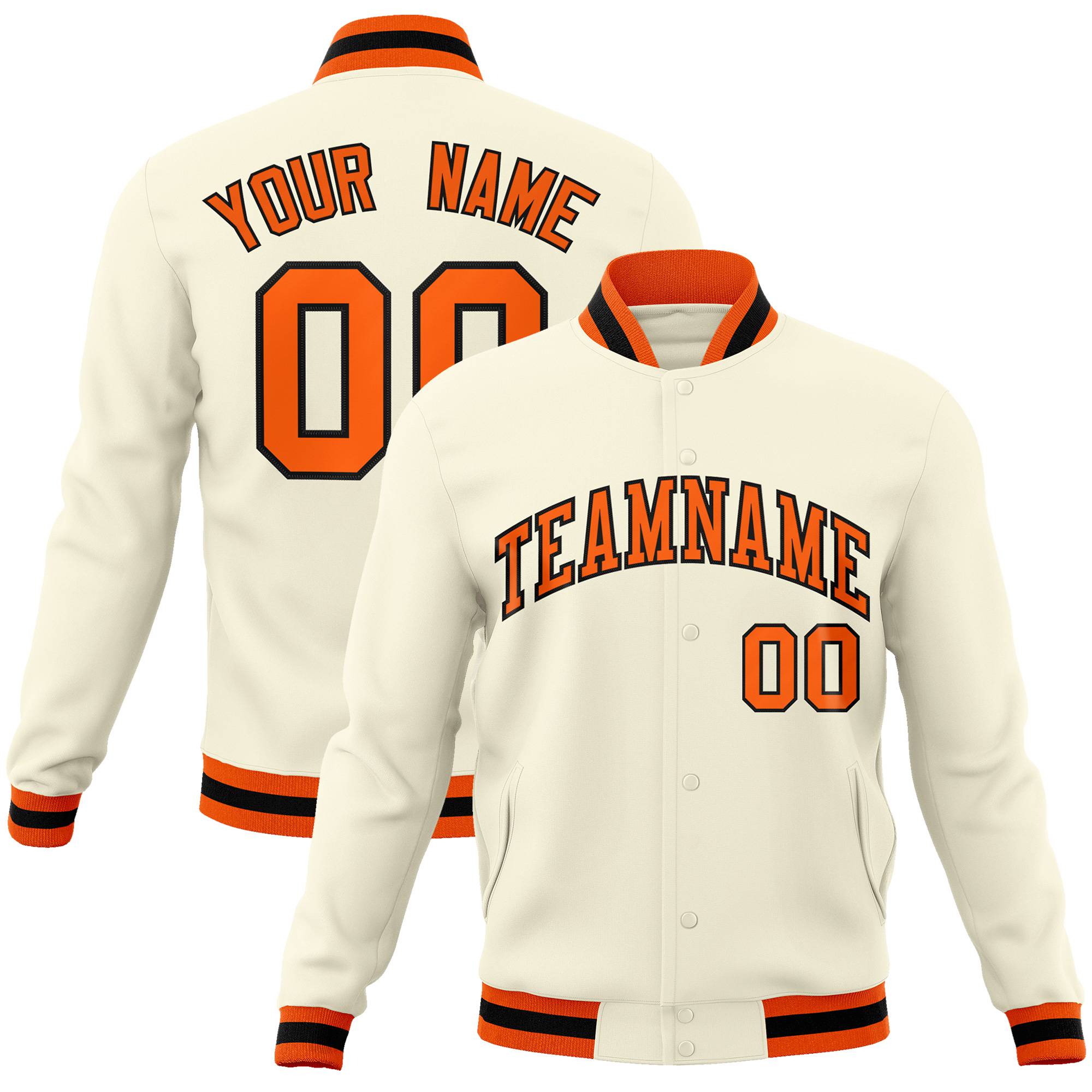 Custom Cream- Orange-Black Bomber Full-Snap Varsity Letterman Jacket