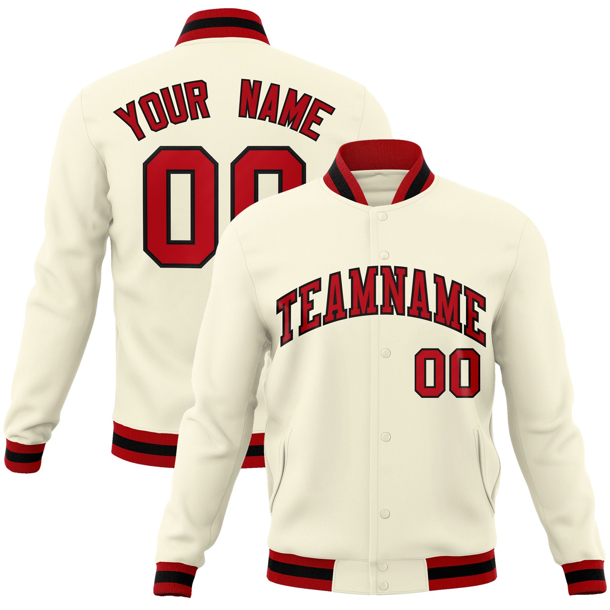 Custom Cream- Red-Black Bomber Full-Snap Varsity Letterman Jacket