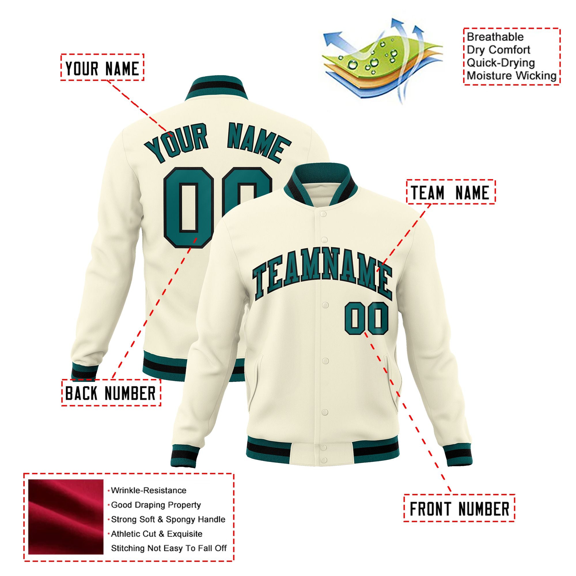 Custom Cream- Aqua-Black Bomber Full-Snap Varsity Letterman Jacket