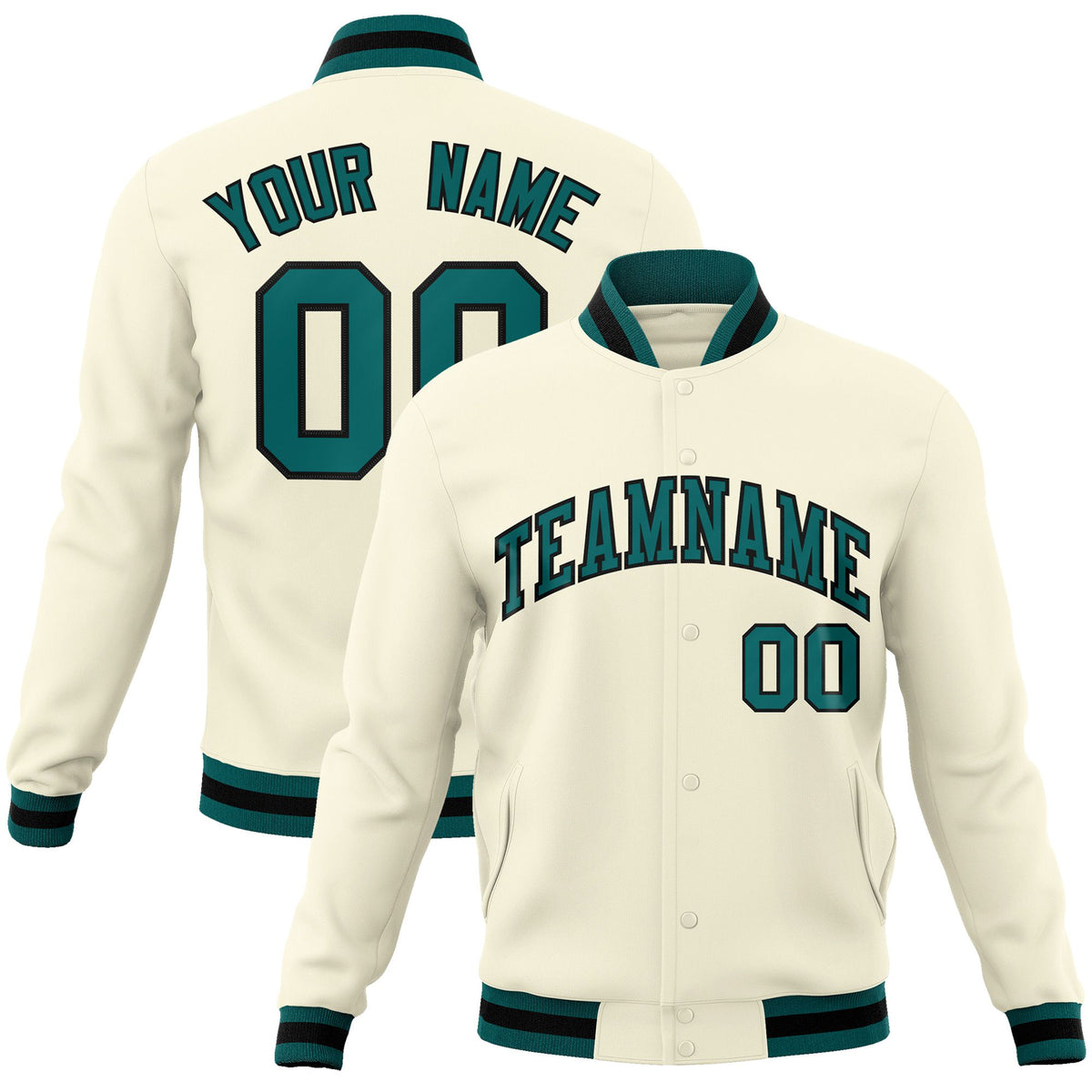 Custom Cream- Aqua-Black Bomber Full-Snap Varsity Letterman Jacket