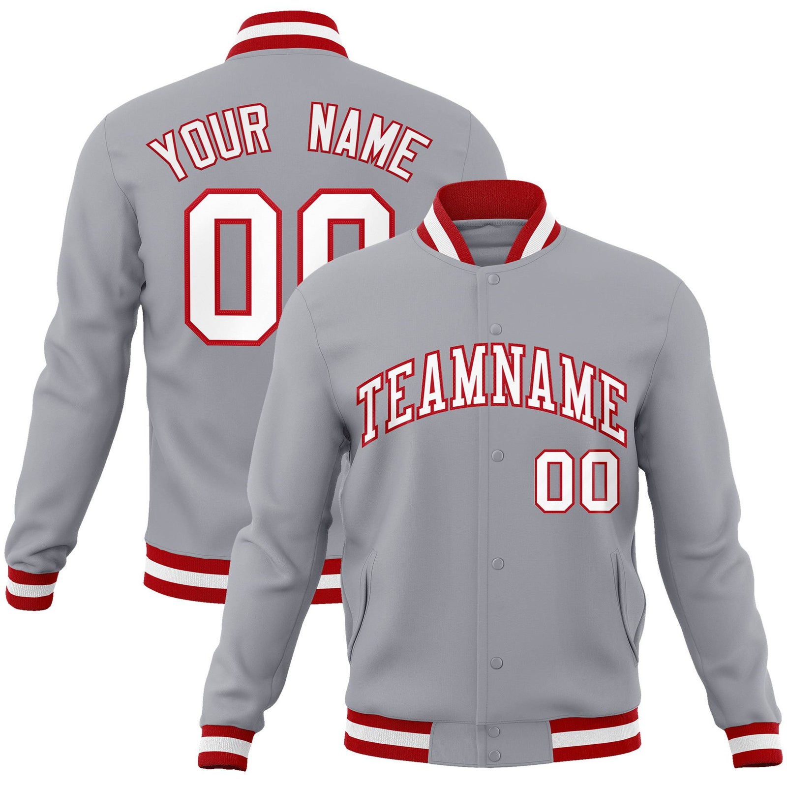 Custom Gray-White-Red Bomber Full-Snap Varsity Letterman Jacket