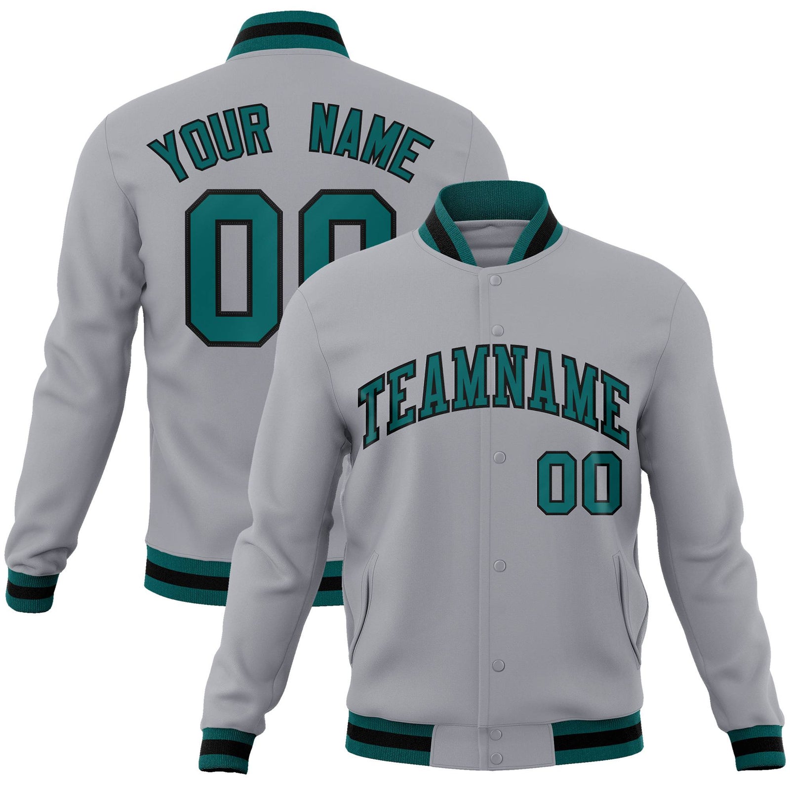 Custom Gray- Aqua-Black Bomber Full-Snap Varsity Letterman Jacket