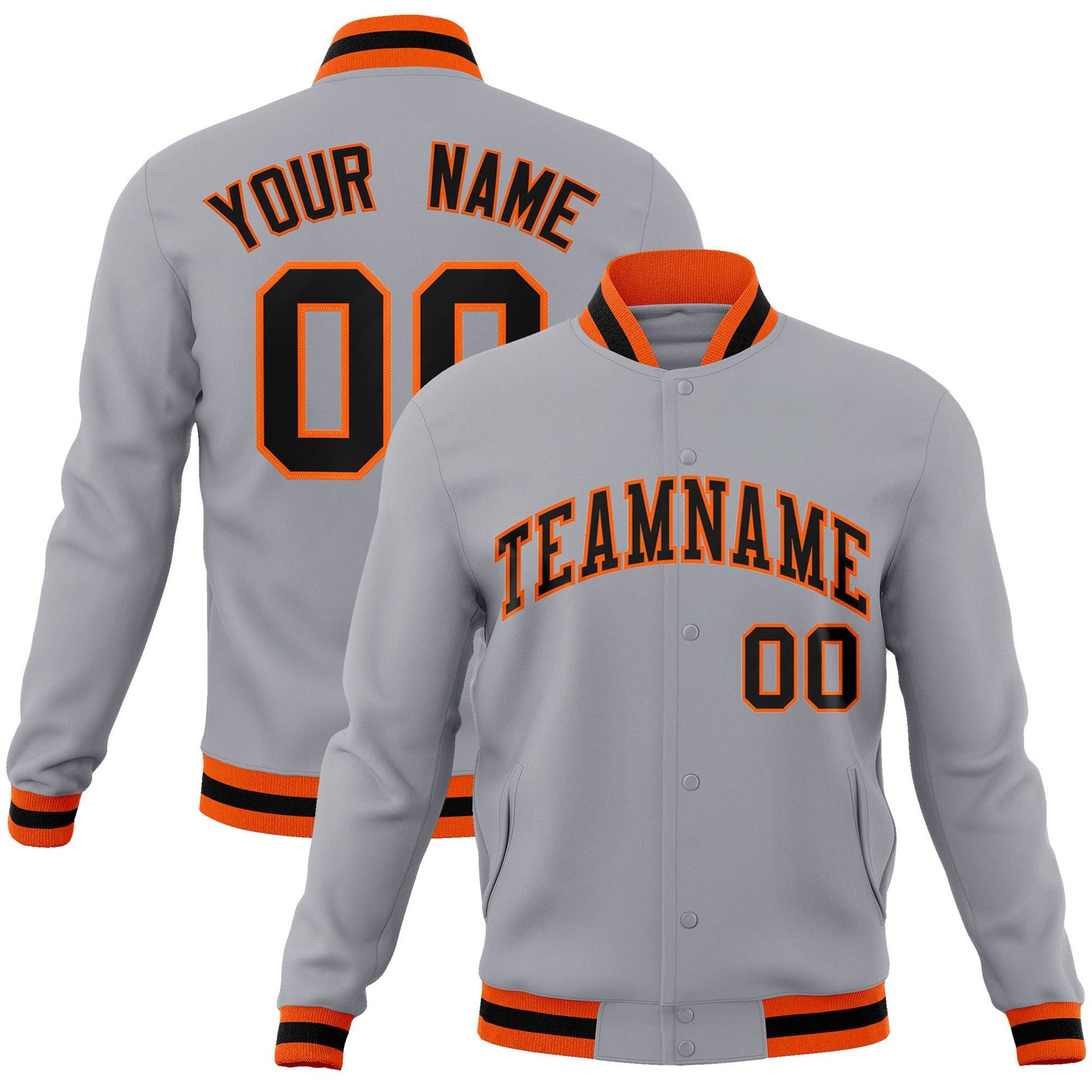 Custom Gray- Black-Orange Bomber Full-Snap Varsity Letterman Jacket