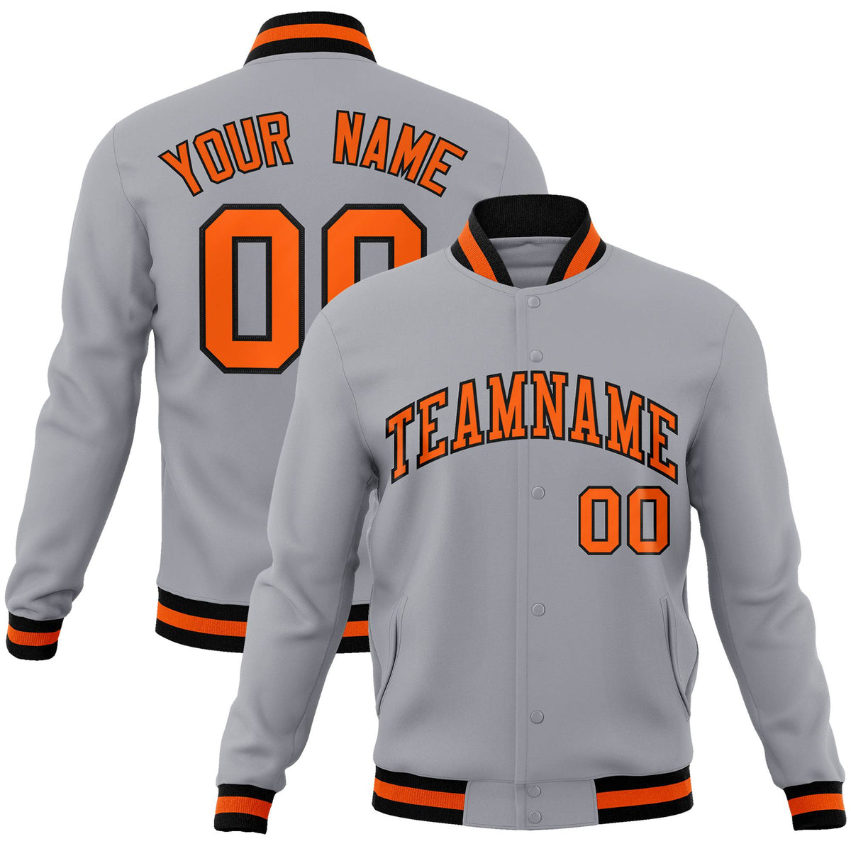 Custom Gray- Orange-Black Bomber Full-Snap Varsity Letterman Jacket