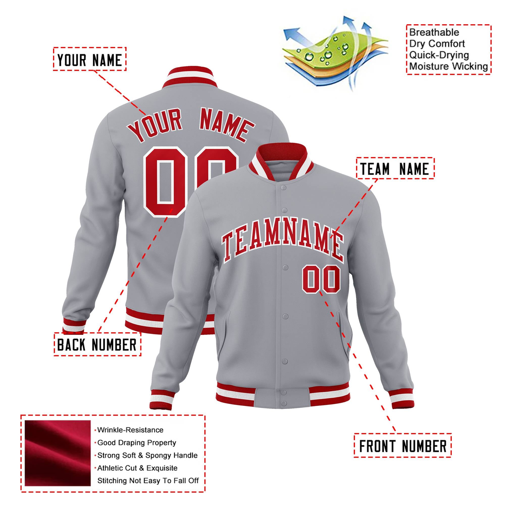 Custom Gray- Red-White Bomber Full-Snap Varsity Letterman Jacket