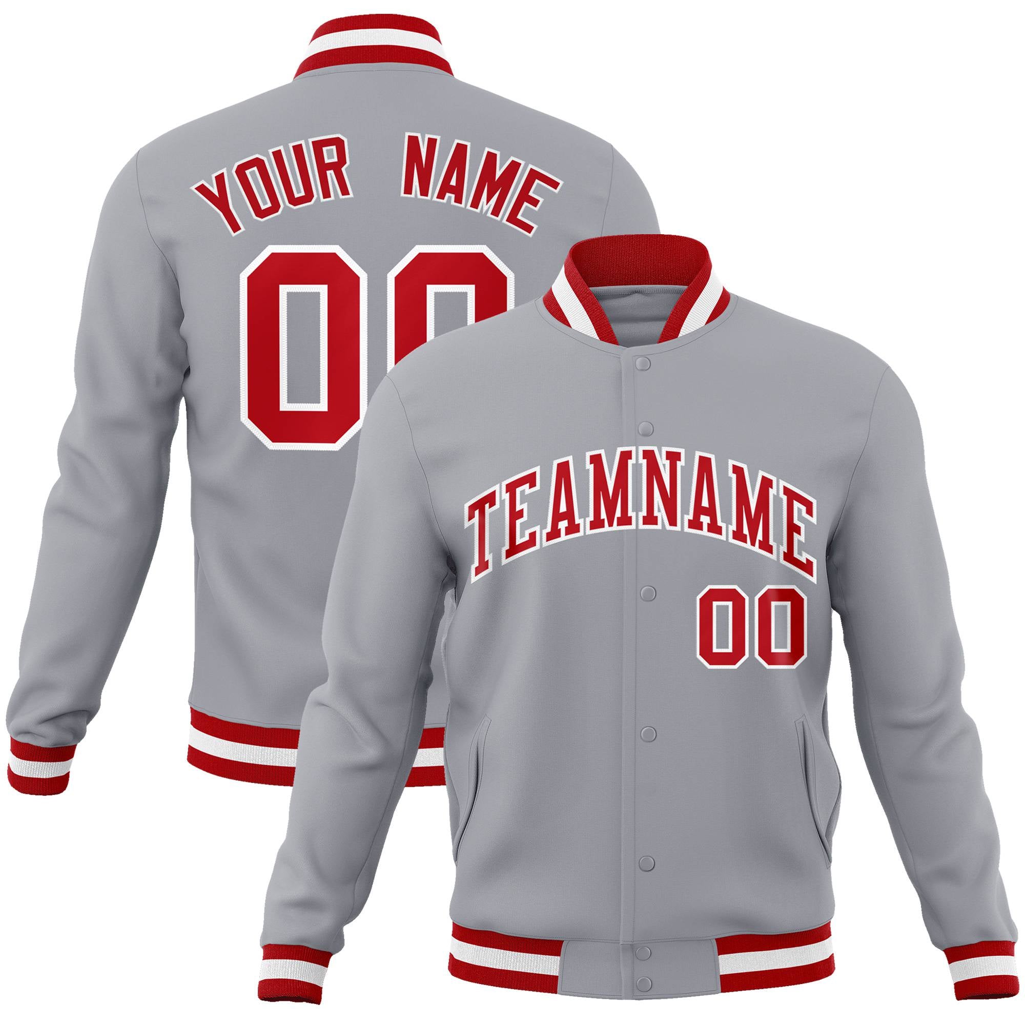 Custom Gray- Red-White Bomber Full-Snap Varsity Letterman Jacket