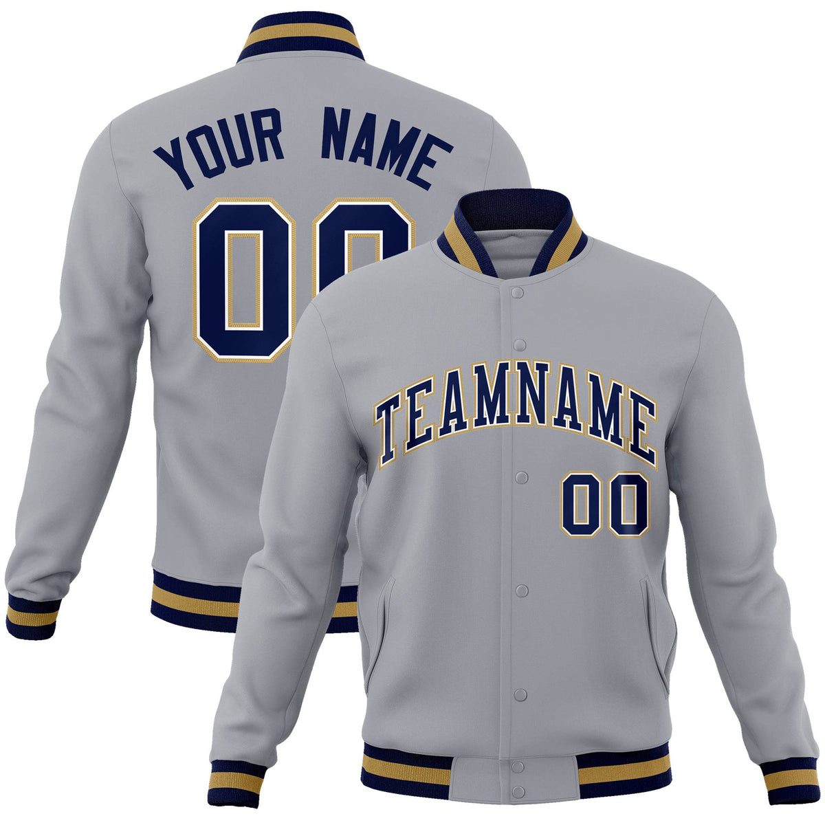 Custom Gray- Navy- Old-Gold Bomber Full-Snap Varsity Letterman Jacket