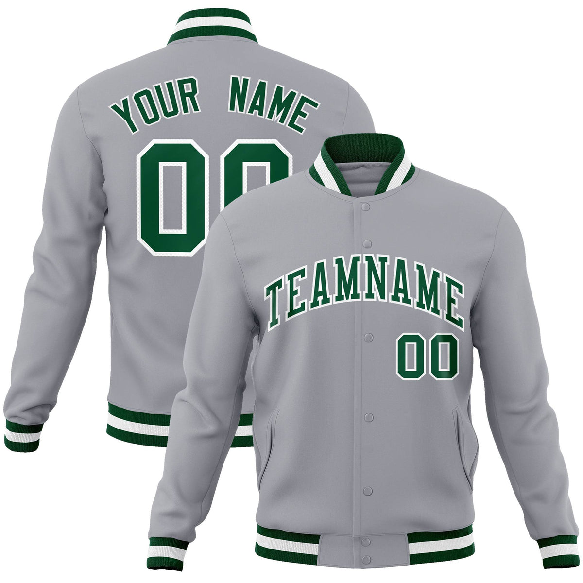 Custom Gray- Neon Green- White Bomber Full-Snap Varsity Letterman Jacket