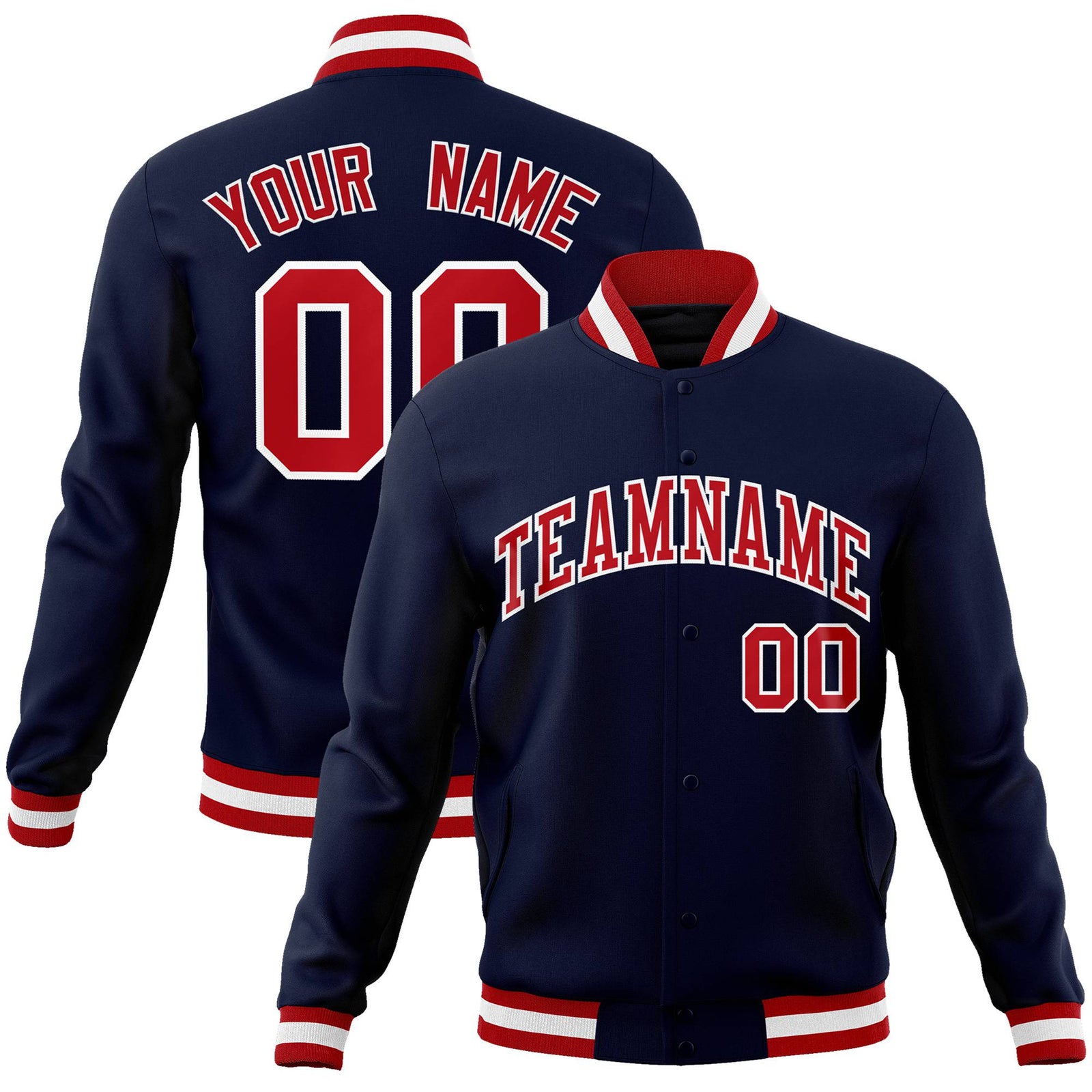 Custom Navy- Red-White Bomber Full-Snap Varsity Letterman Jacket