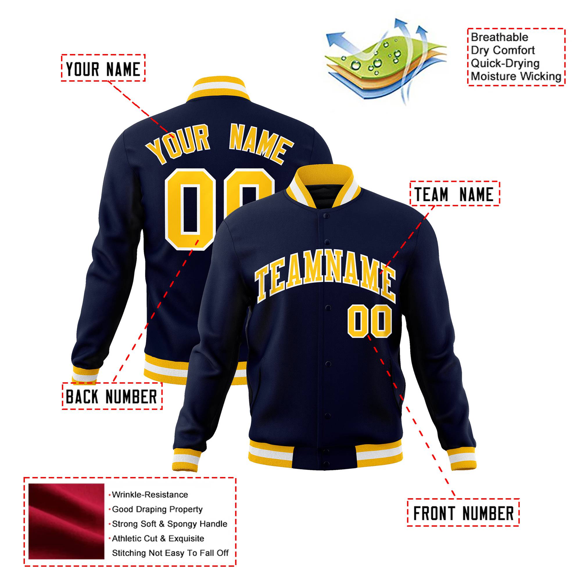 Custom Navy-Yellow-White Bomber Full-Snap Varsity Letterman Jacket