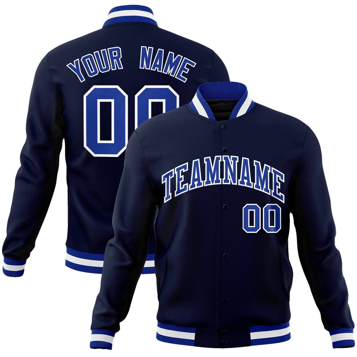 Custom Navy- Royal Blue- White Bomber Full-Snap Varsity Letterman Jacket