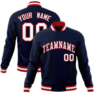 Chaqueta universitaria personalizada de estilo aviador azul marino, blanco y rojo con cierre de presión completo - Estilo 1