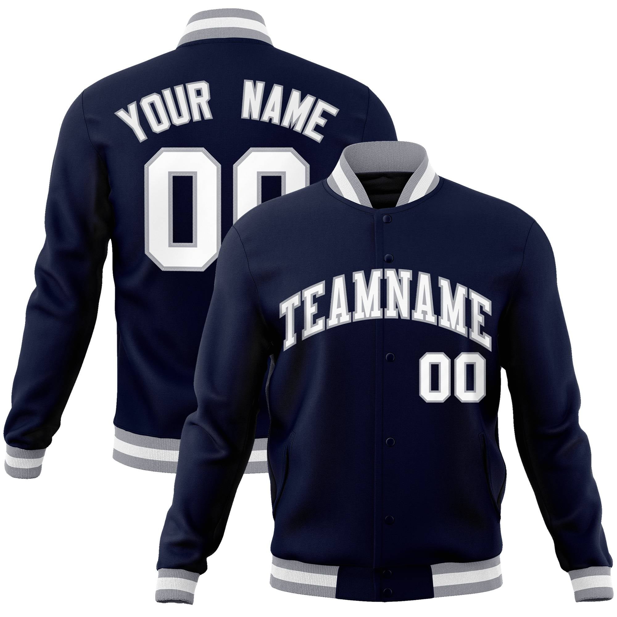 Custom Navy- White- Gray Bomber Full-Snap Varsity Letterman Jacket