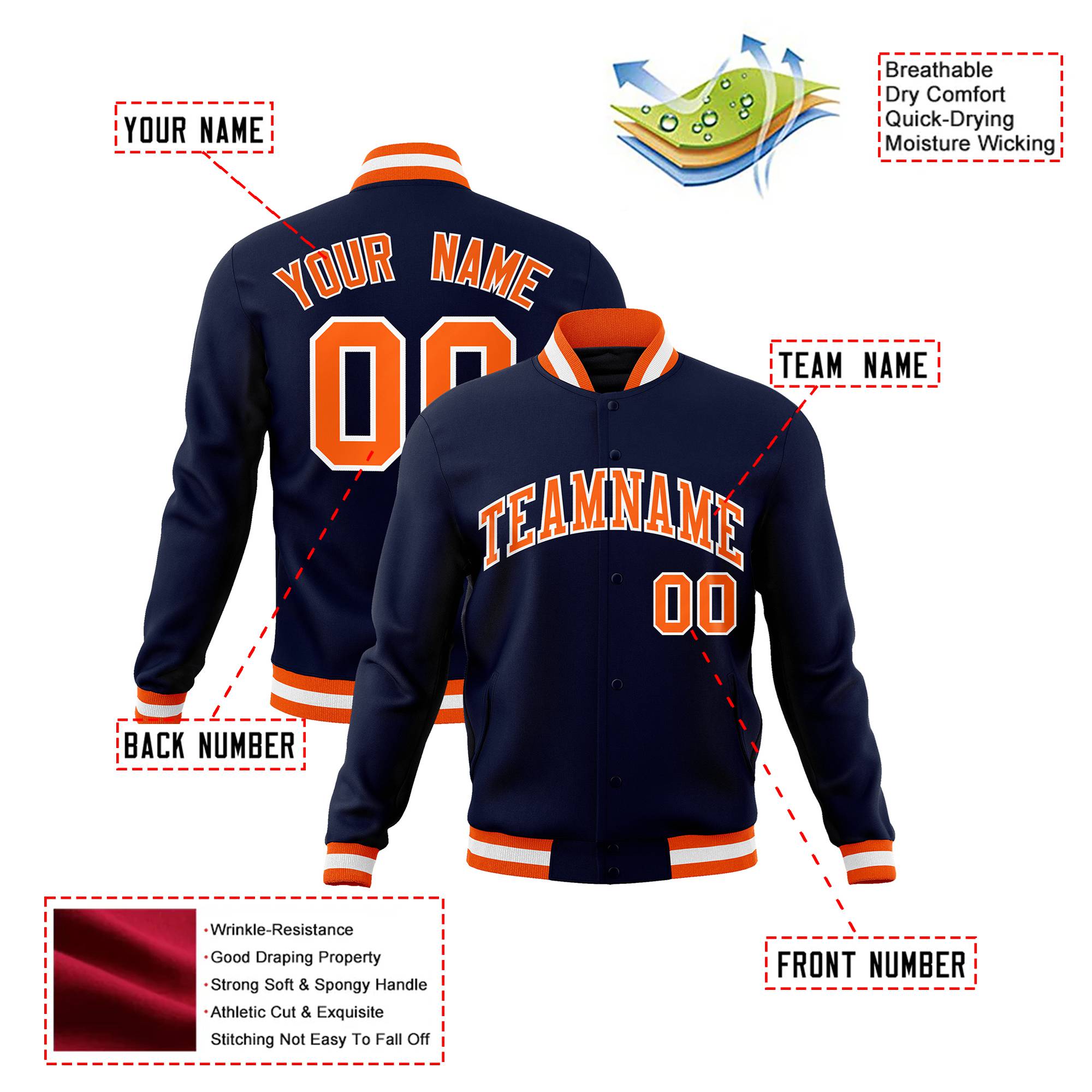 Custom Navy- Orange- White Bomber Full-Snap Varsity Letterman Jacket