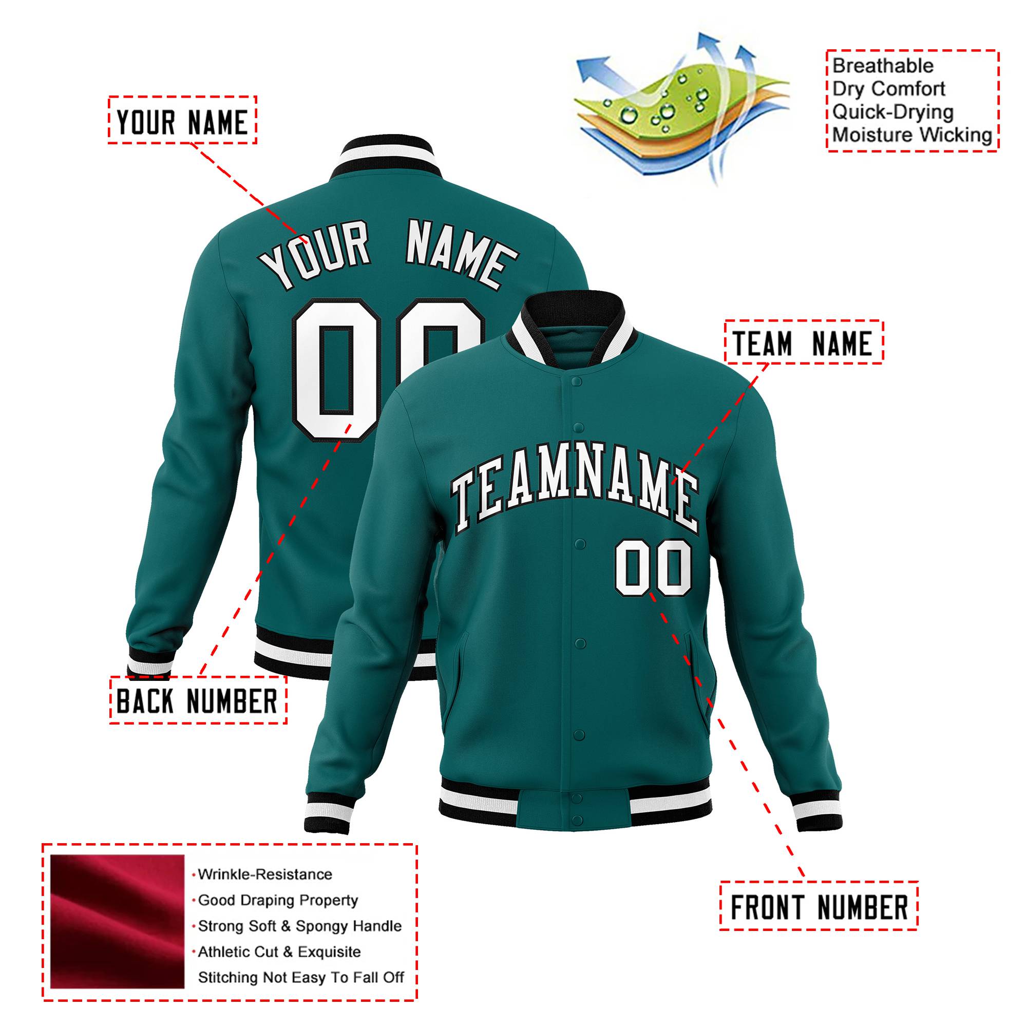 Custom Aqua-White-Black Bomber Full-Snap Varsity Letterman Jacket