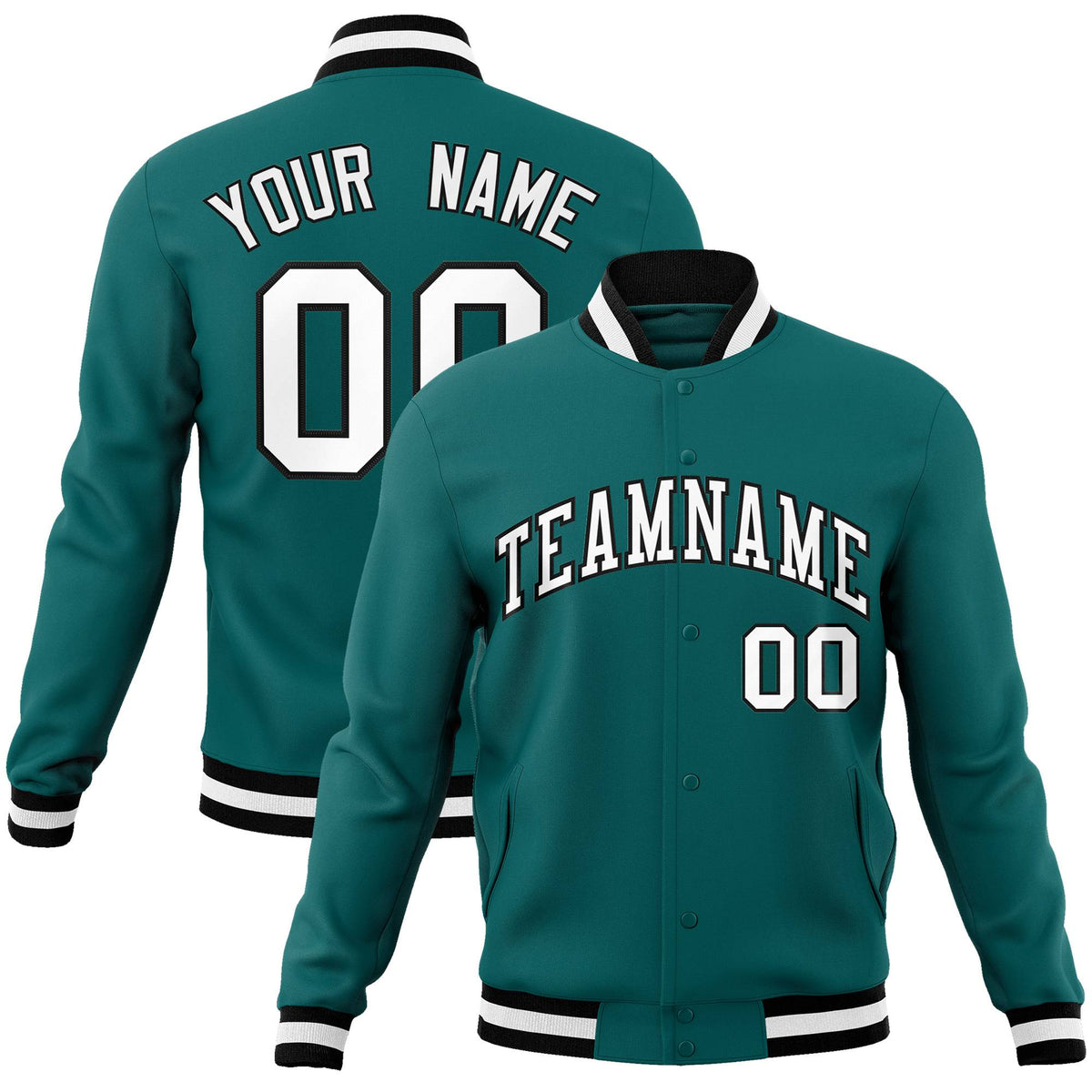 Custom Aqua-White-Black Bomber Full-Snap Varsity Letterman Jacket