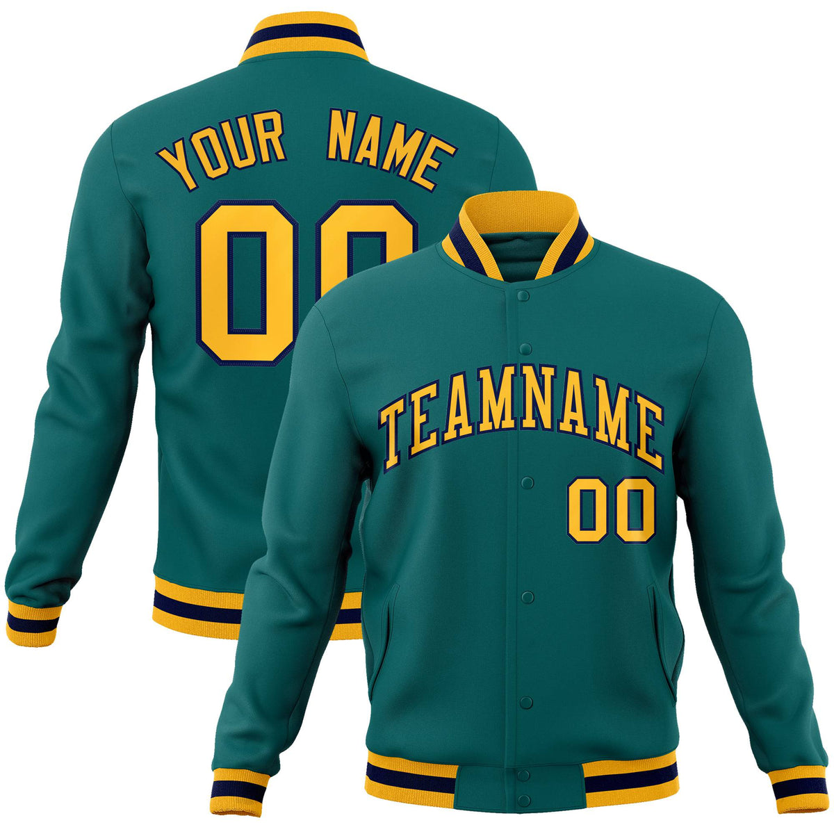 Custom Aqua- Yellow-Black Bomber Full-Snap Varsity Letterman Jacket