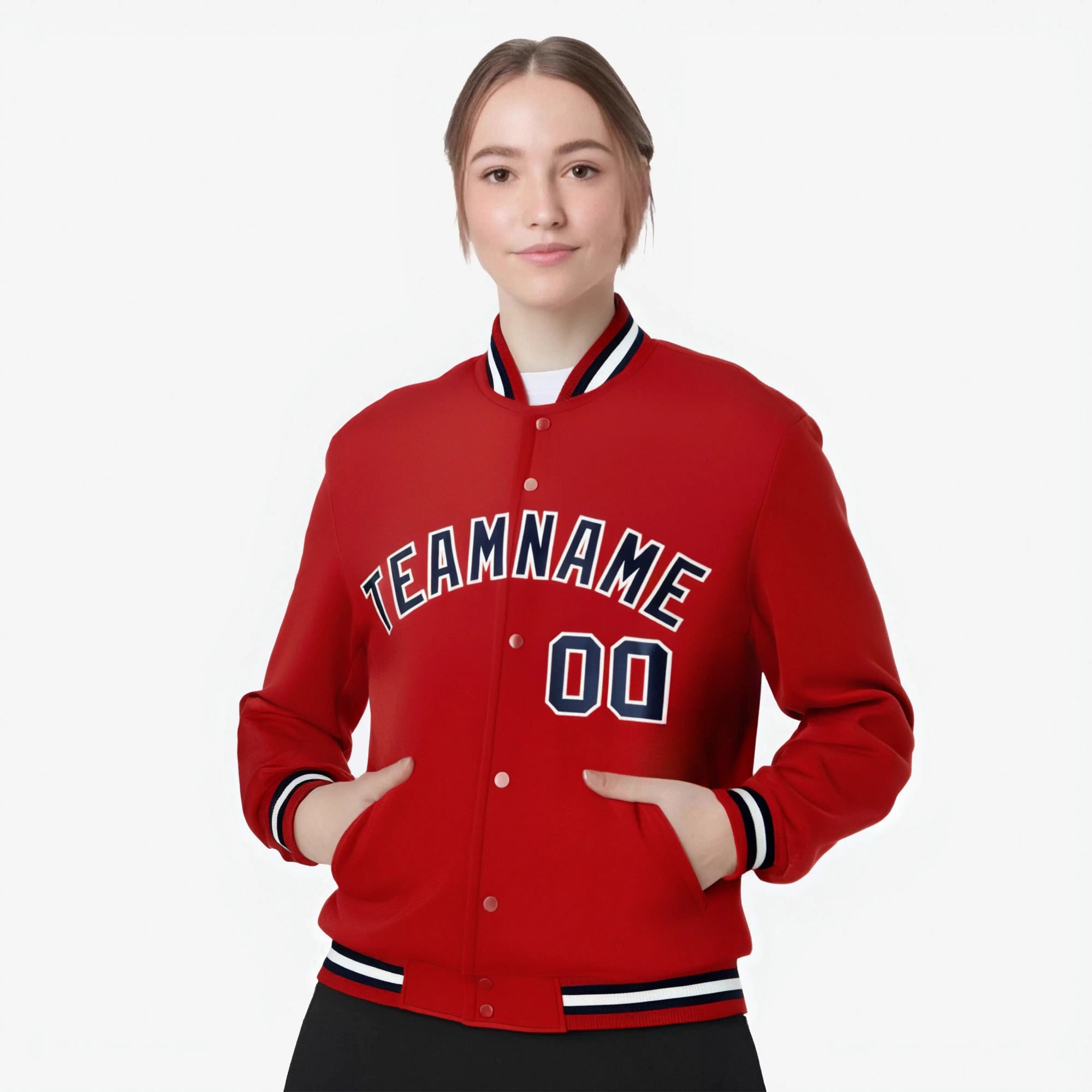 Custom Royal Red Navy White Bomber Full-Snap Varsity Letterman Jacket