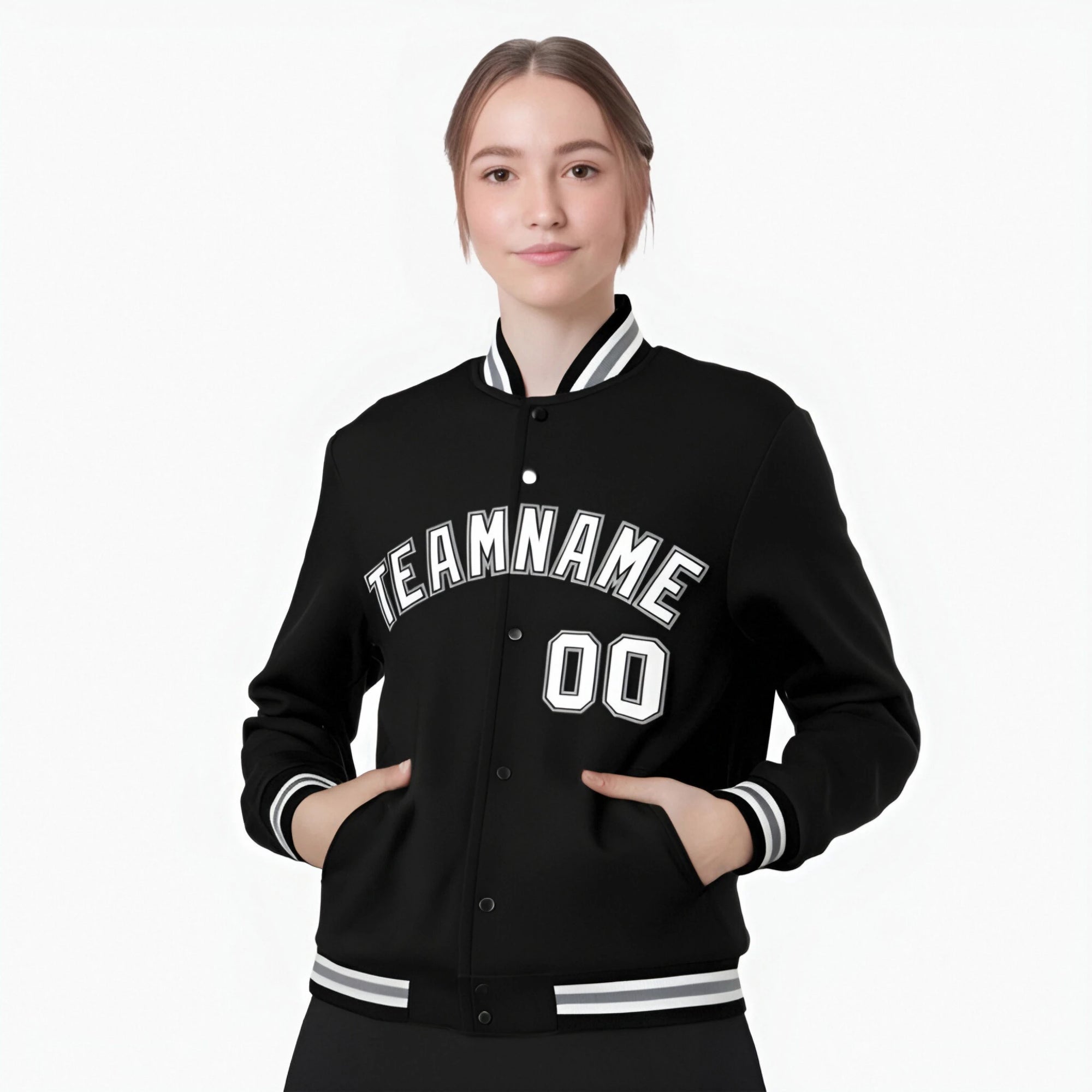 Custom Black Gray White Bomber Full-Snap Varsity Letterman Jacket