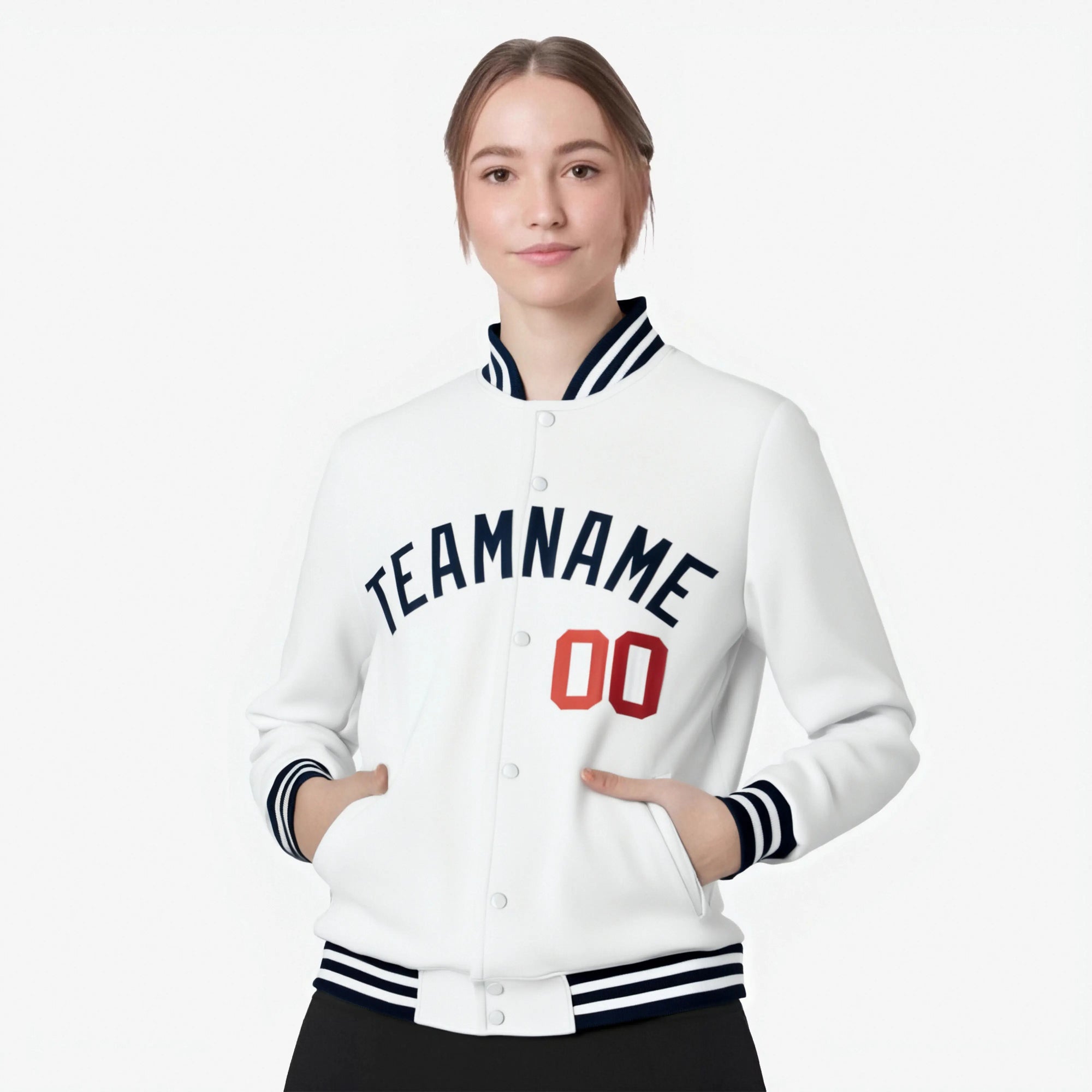 Custom White Navy Red Bomber Full-Snap Varsity Letterman Jacket