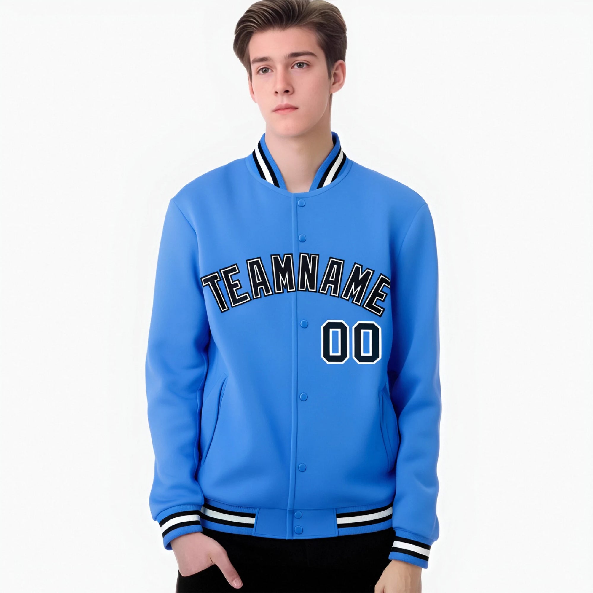 Custom Electric Blue Black White Bomber Full-Snap Varsity Letterman Jacket