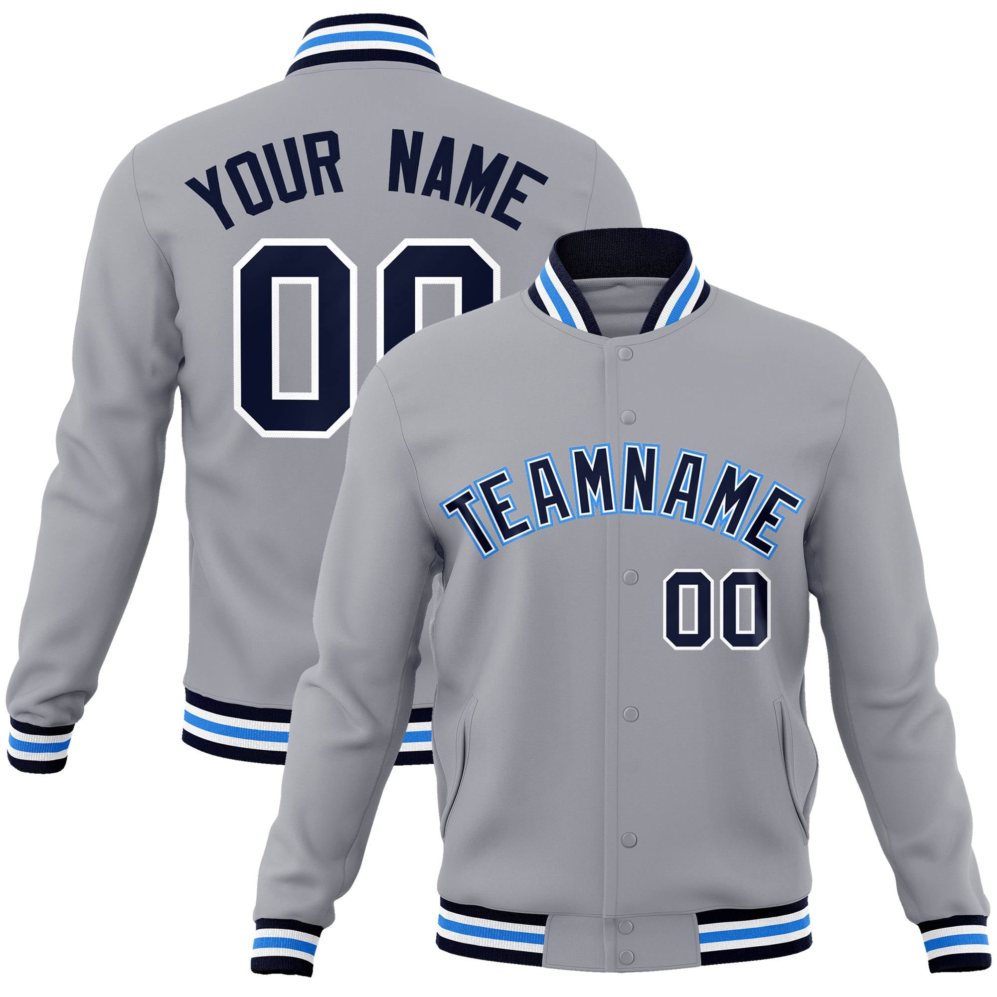 Custom Gray Black Light Blue Bomber Full-Snap Varsity Letterman Jacket