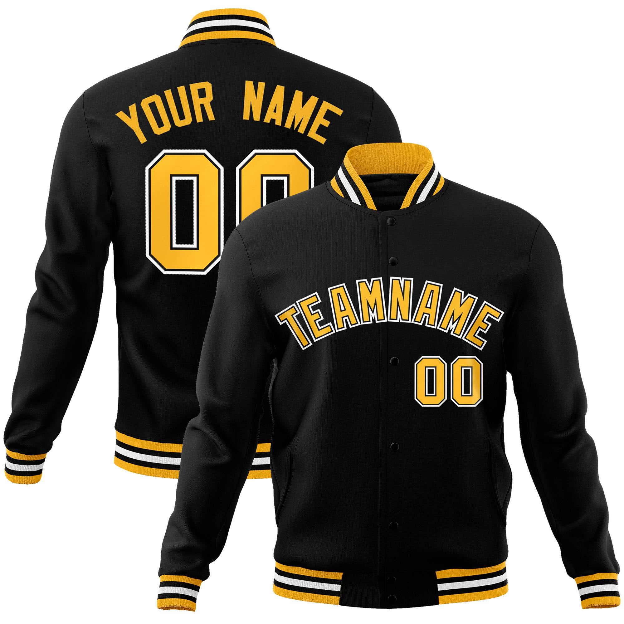 Custom Black Yellow White Bomber Full-Snap Varsity Letterman Jacket