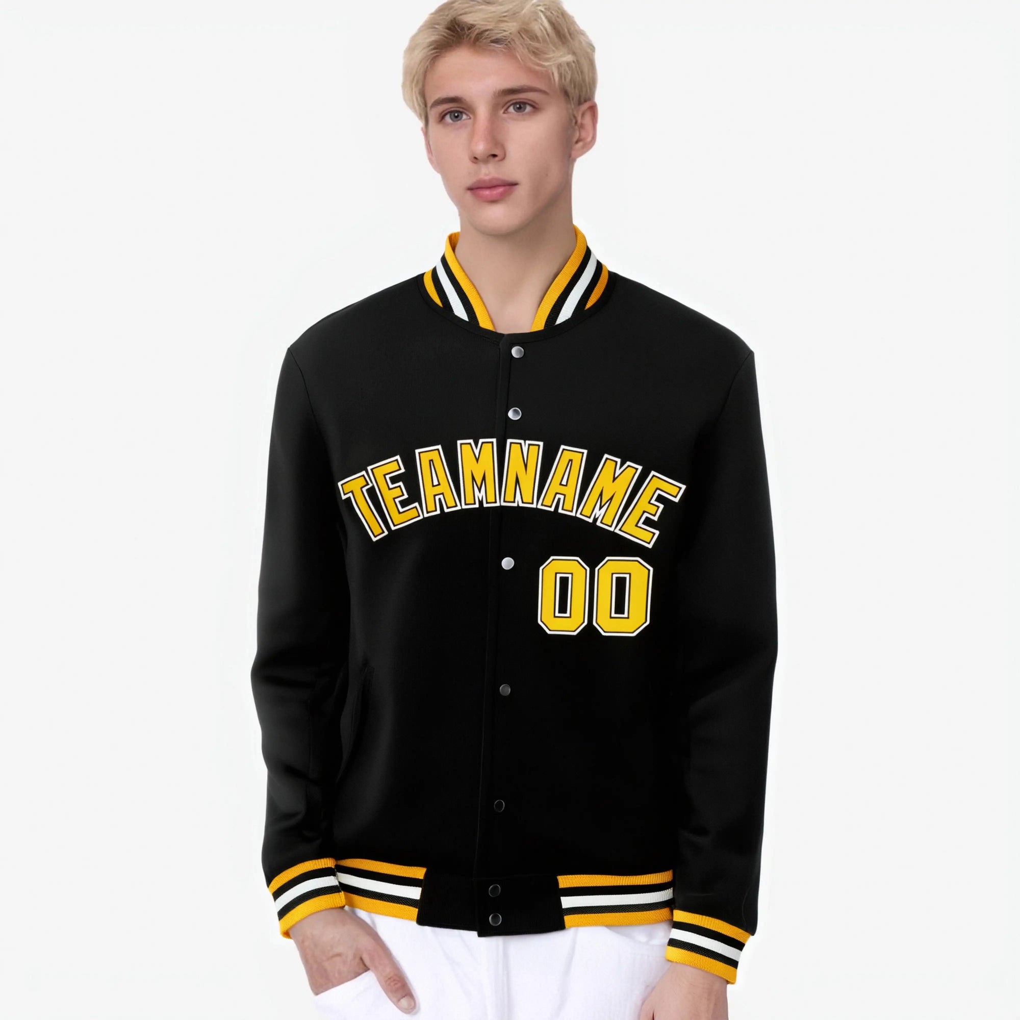 Custom Black Yellow White Bomber Full-Snap Varsity Letterman Jacket