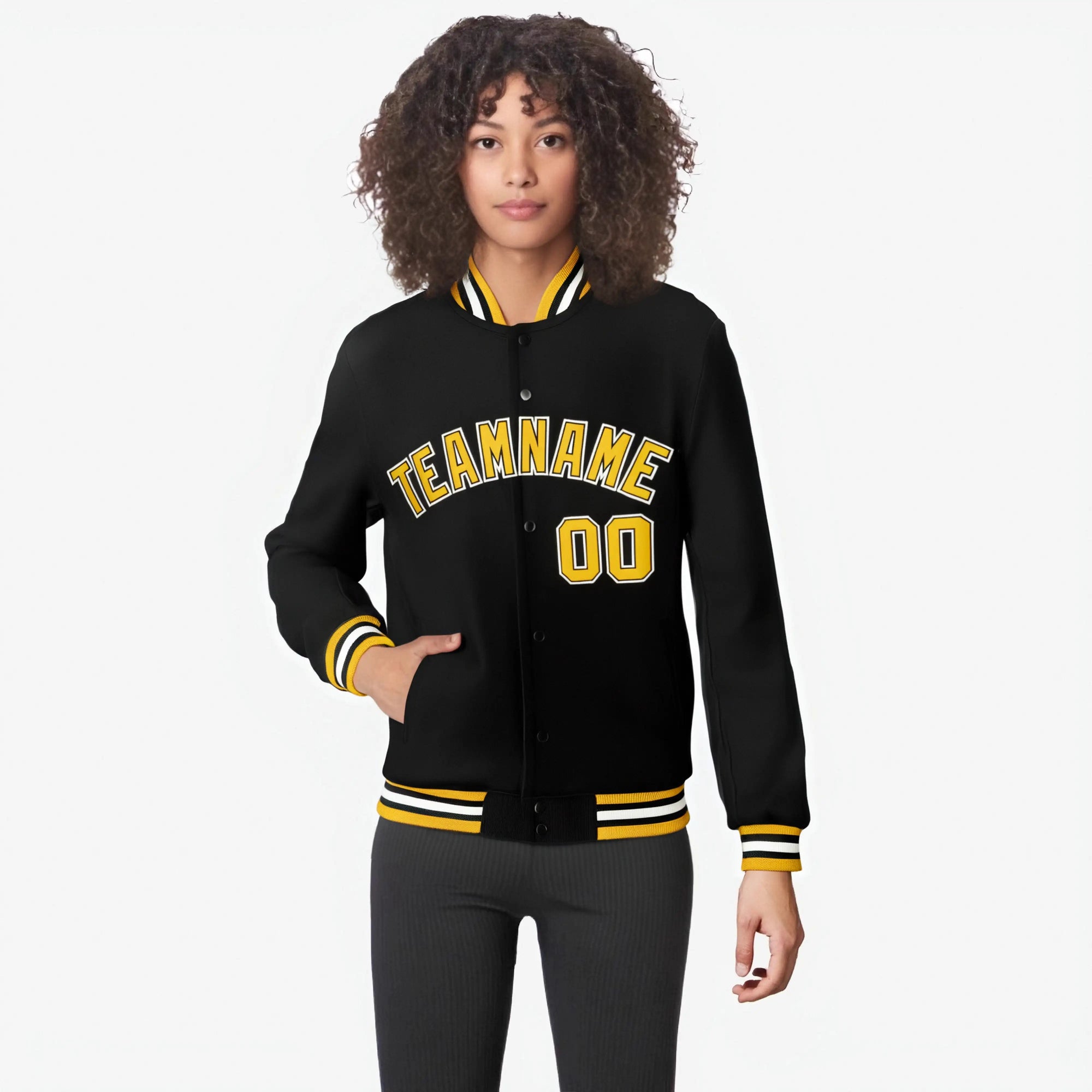 Custom Black Yellow White Bomber Full-Snap Varsity Letterman Jacket