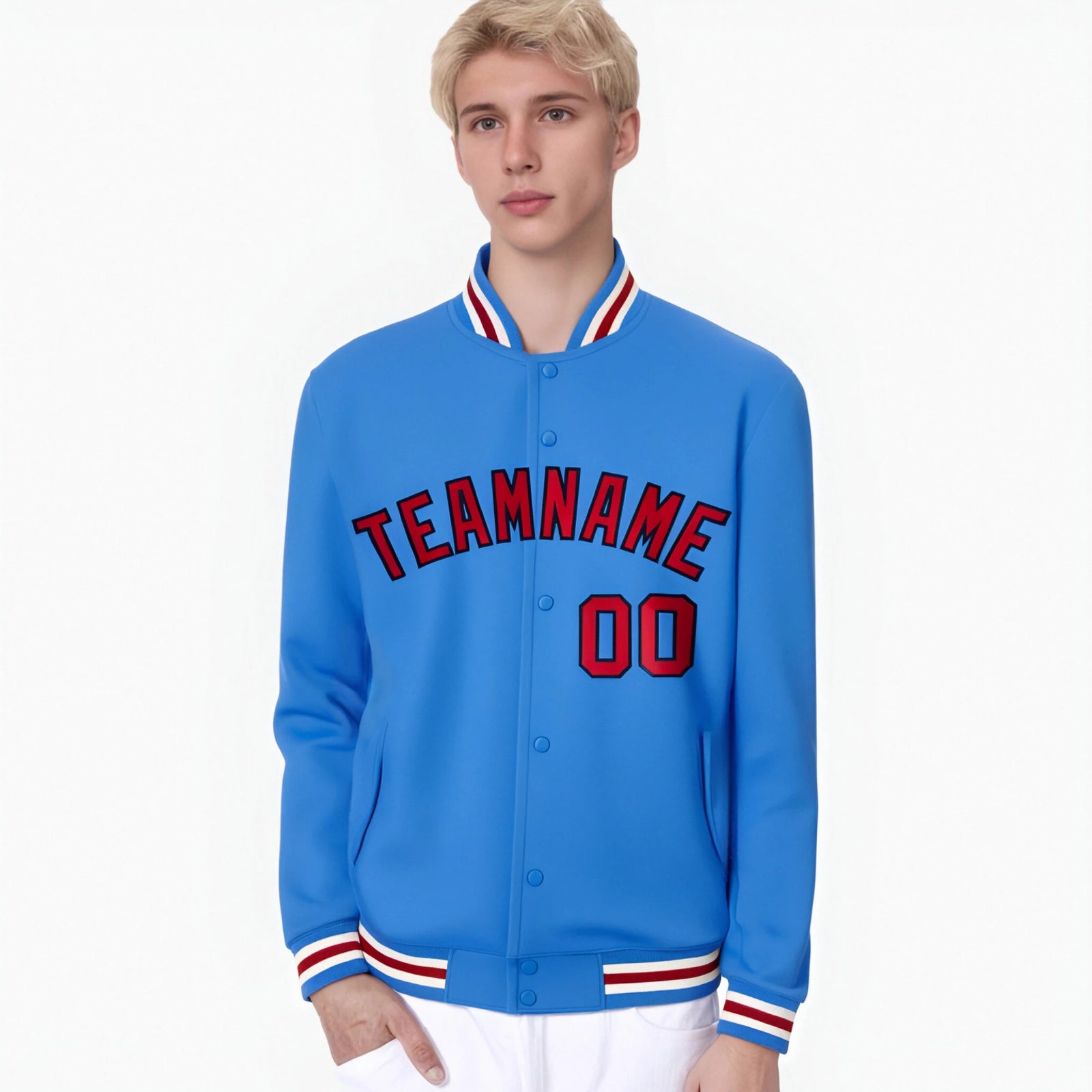 Custom Electric Blue Red White Bomber Full-Snap Varsity Letterman Jacket