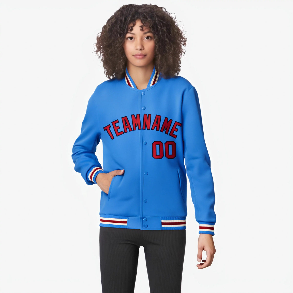 Custom Electric Blue Red White Bomber Full-Snap Varsity Letterman Jacket