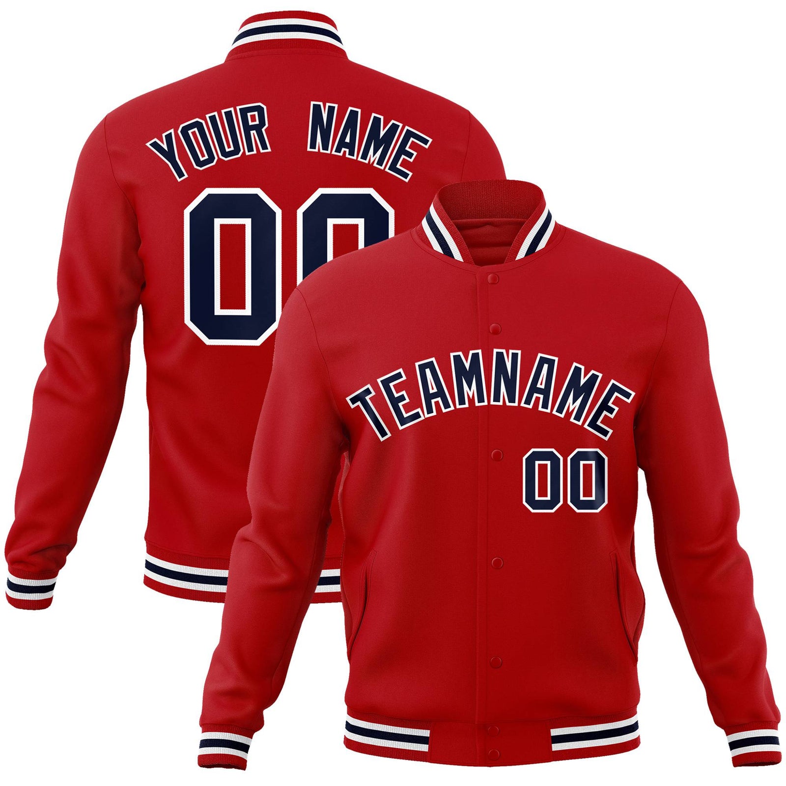 Custom Royal Red Navy White Bomber Full-Snap Varsity Letterman Jacket