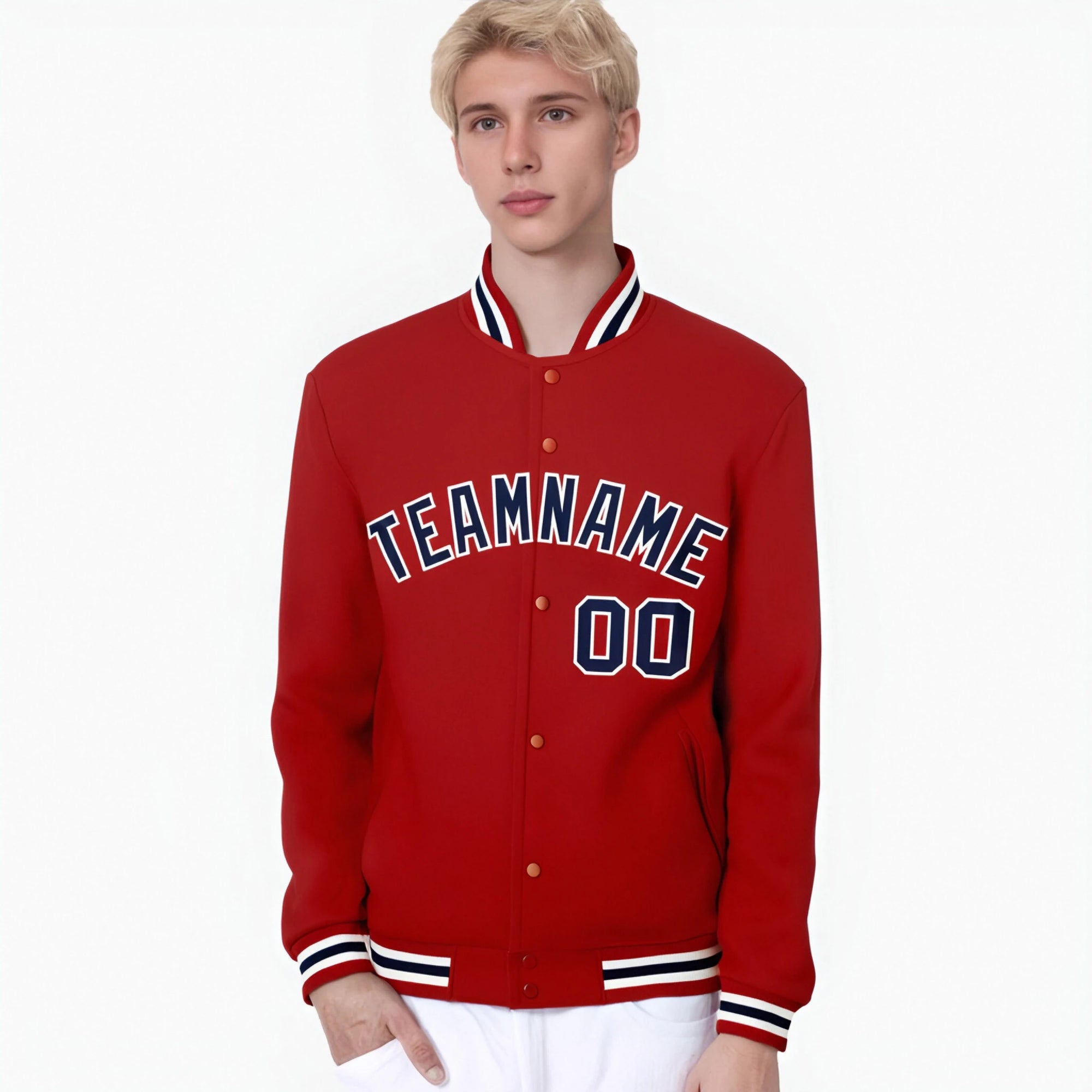 Custom Royal Red Navy White Bomber Full-Snap Varsity Letterman Jacket