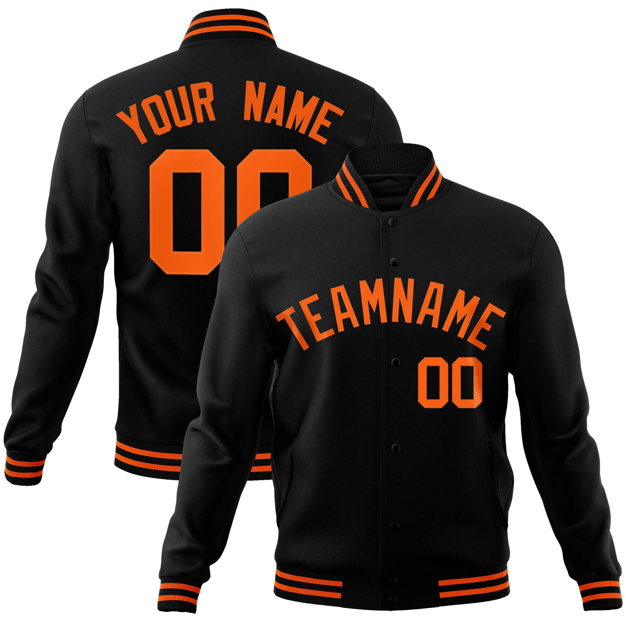 Custom Black Orange Bomber Full-Snap Varsity Letterman Jacket