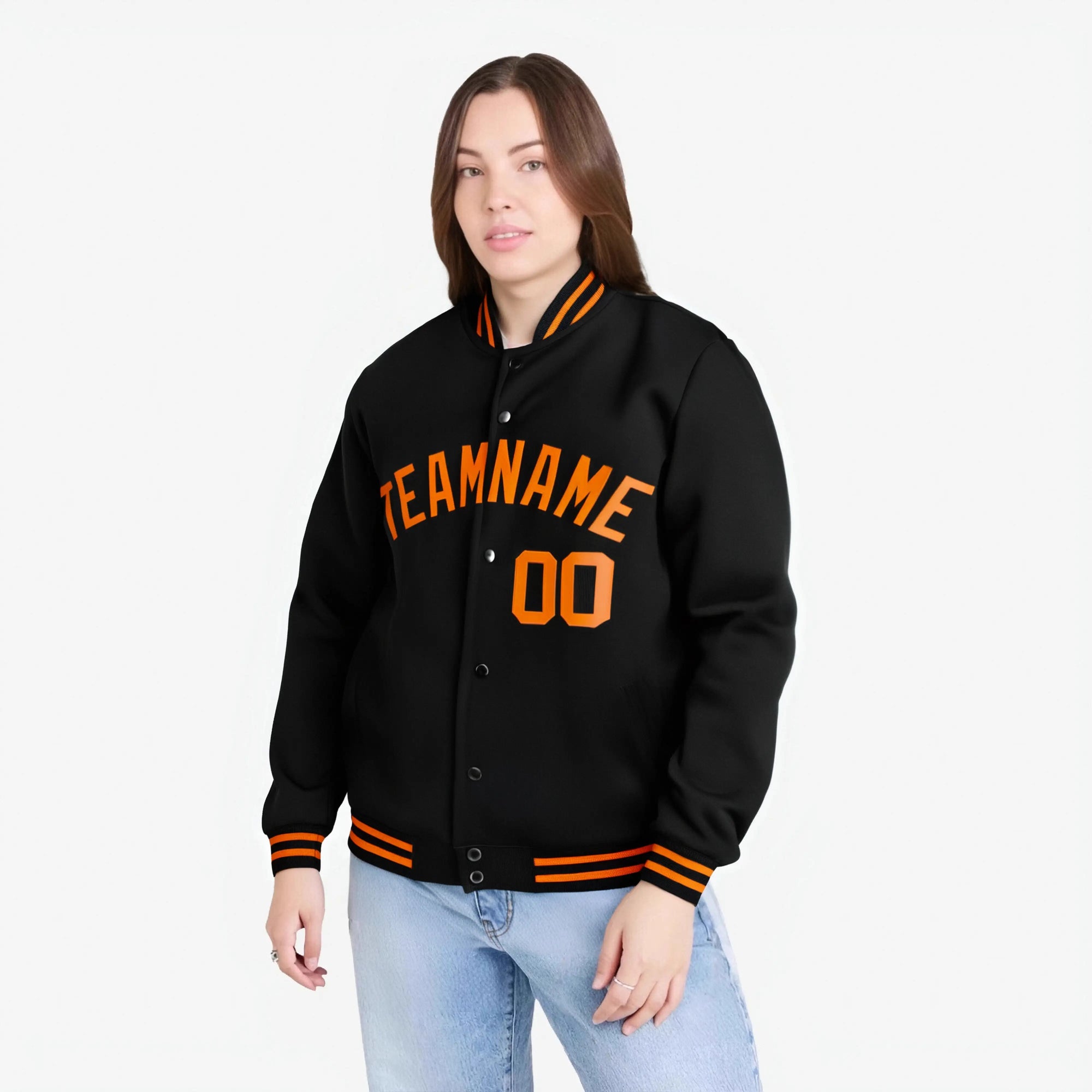 Custom Black Orange Bomber Full-Snap Varsity Letterman Jacket