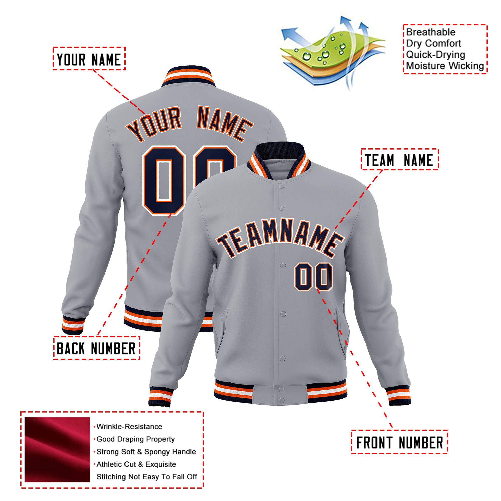 Custom Gray Navy Orange Bomber Full-Snap Varsity Letterman Jacket