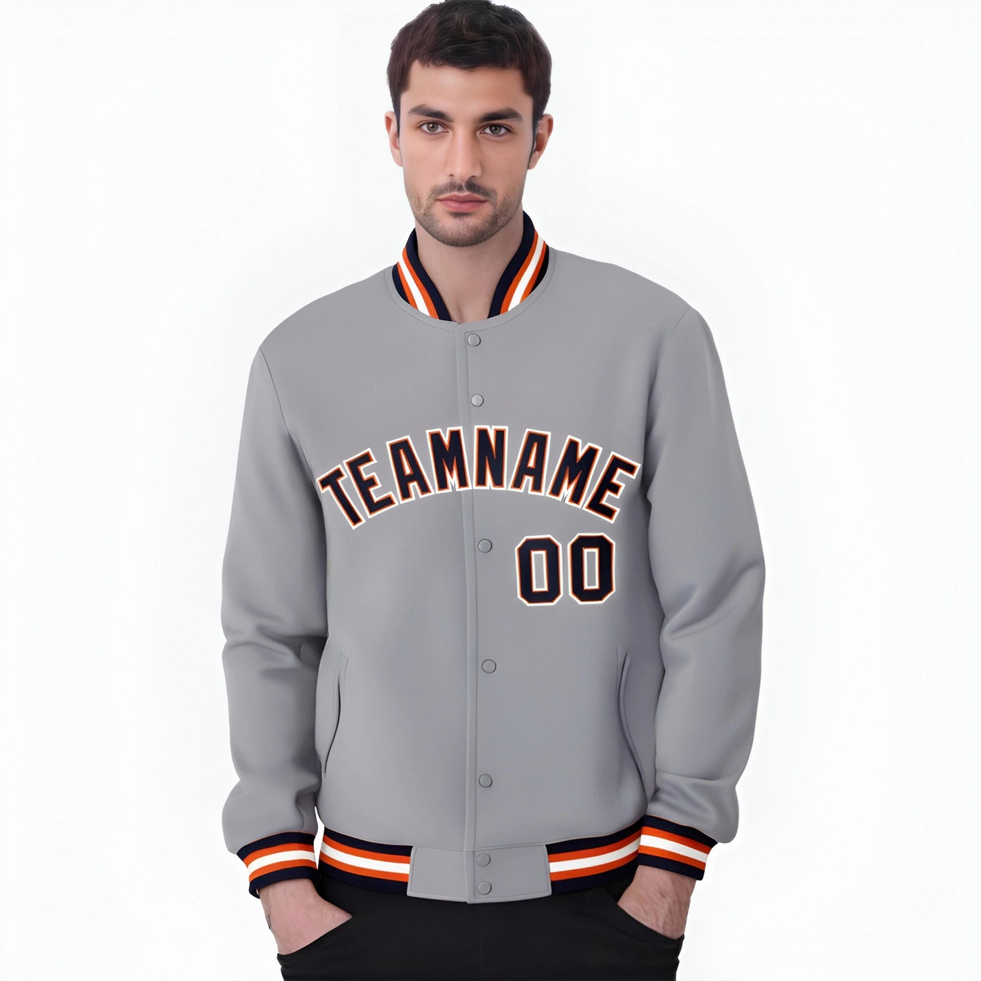 Custom Gray Navy Orange Bomber Full-Snap Varsity Letterman Jacket