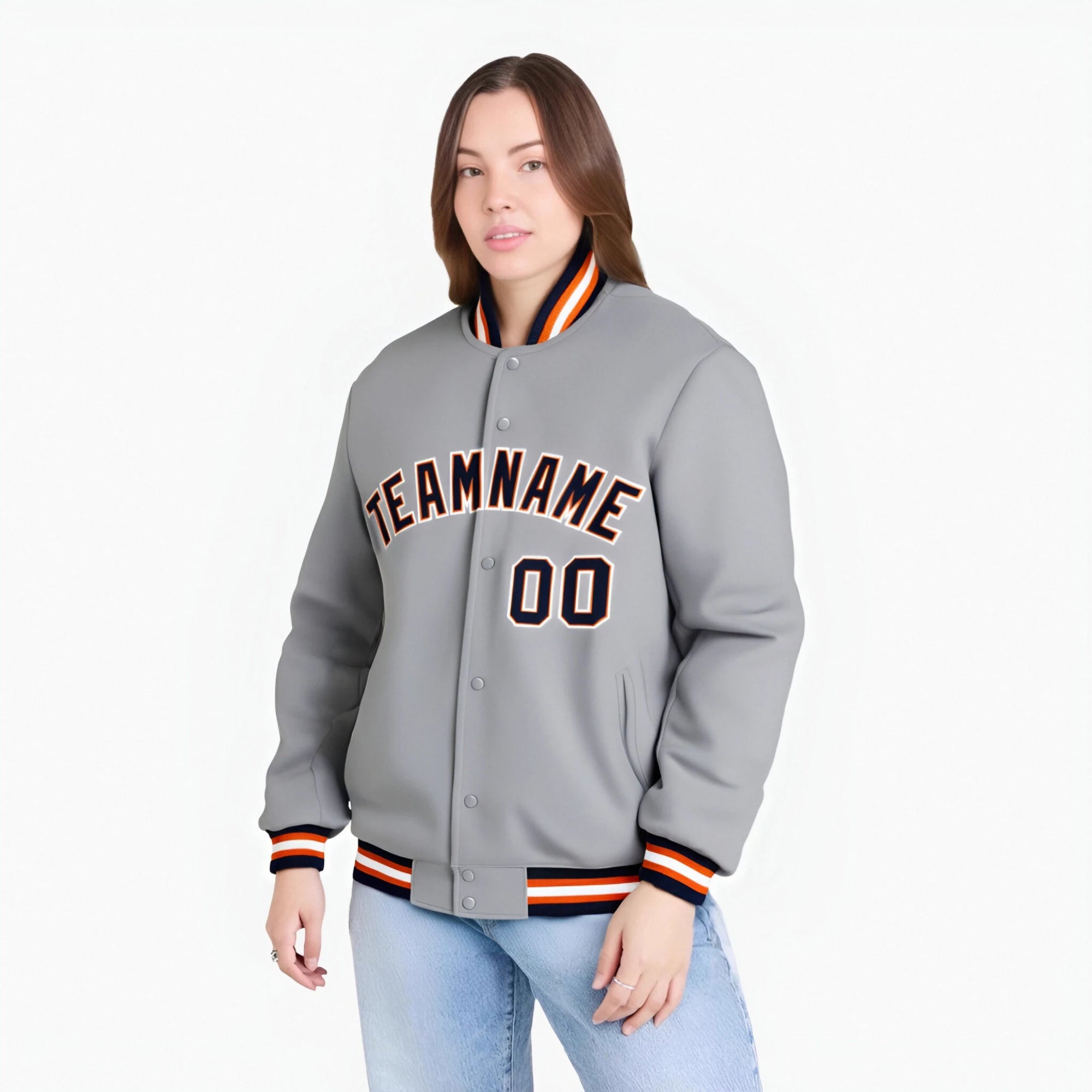 Custom Gray Navy Orange Bomber Full-Snap Varsity Letterman Jacket