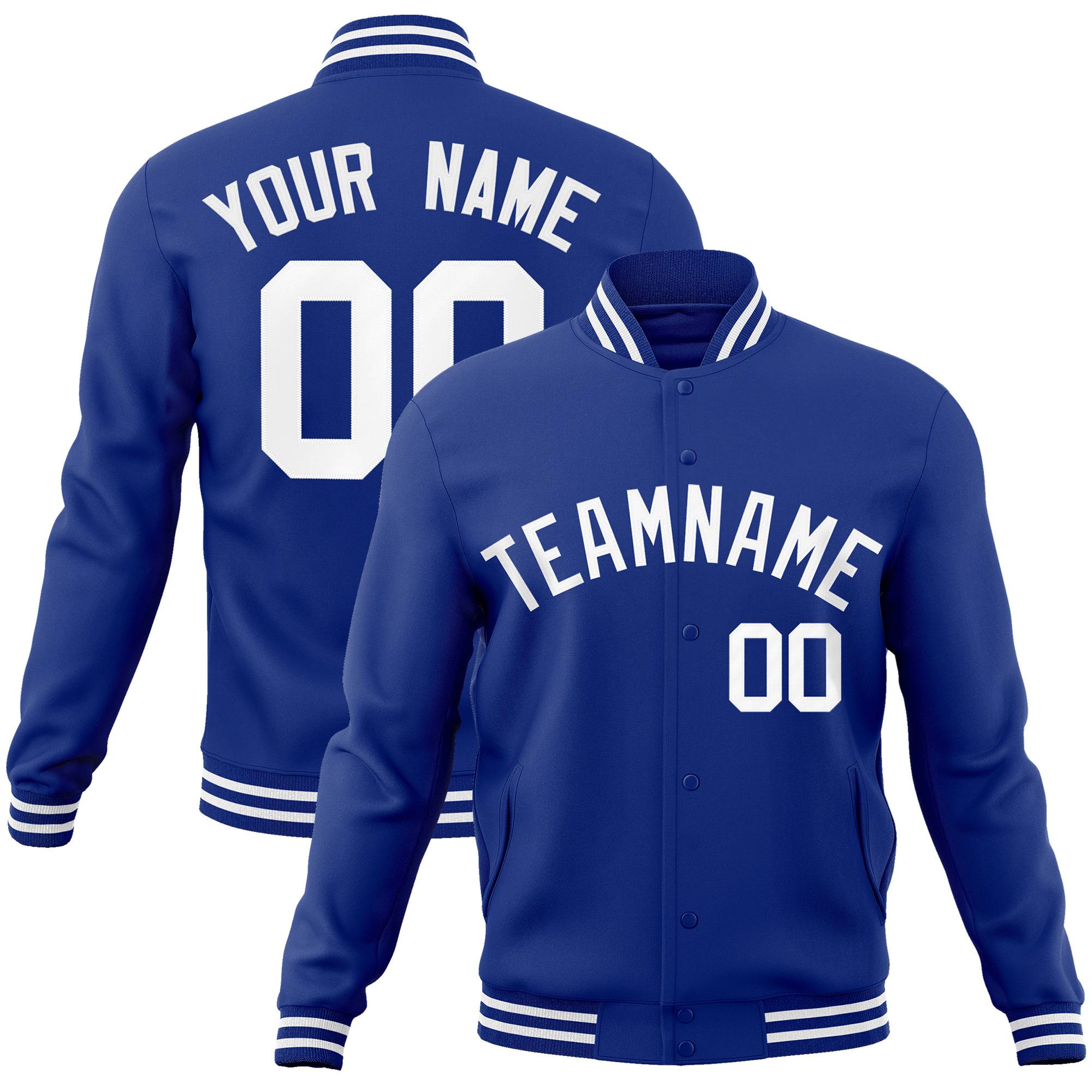 Custom Navy Blue-White Bomber Full-Snap Varsity Letterman Jacket