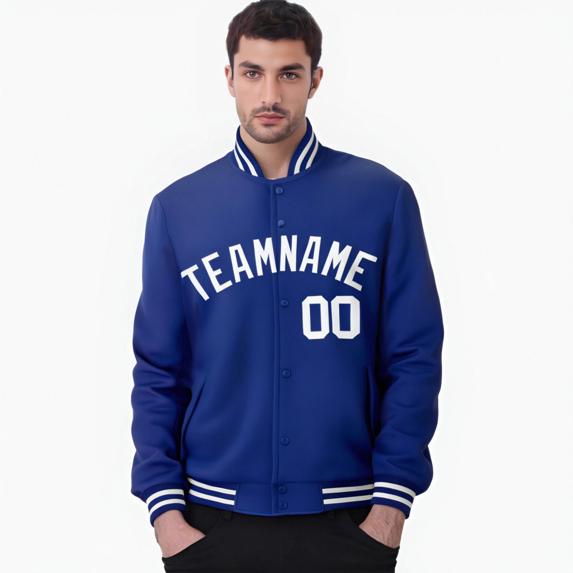 Custom Navy Blue-White Bomber Full-Snap Varsity Letterman Jacket