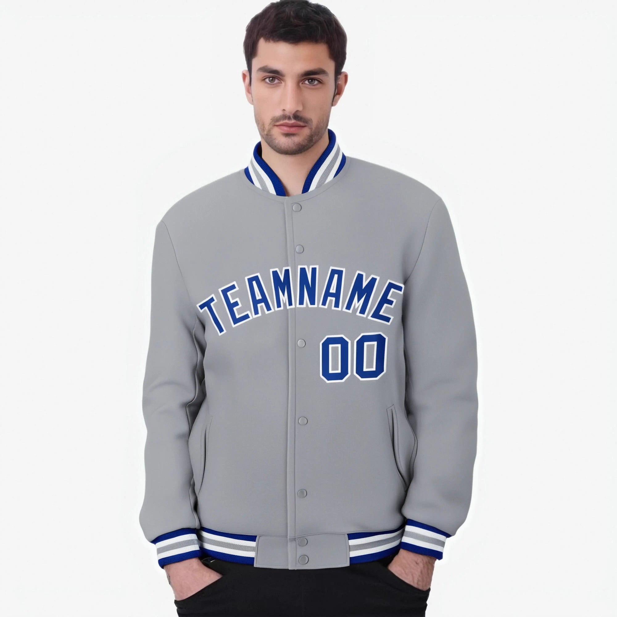 Custom Gray Blue-White Bomber Full-Snap Varsity Letterman Jacket