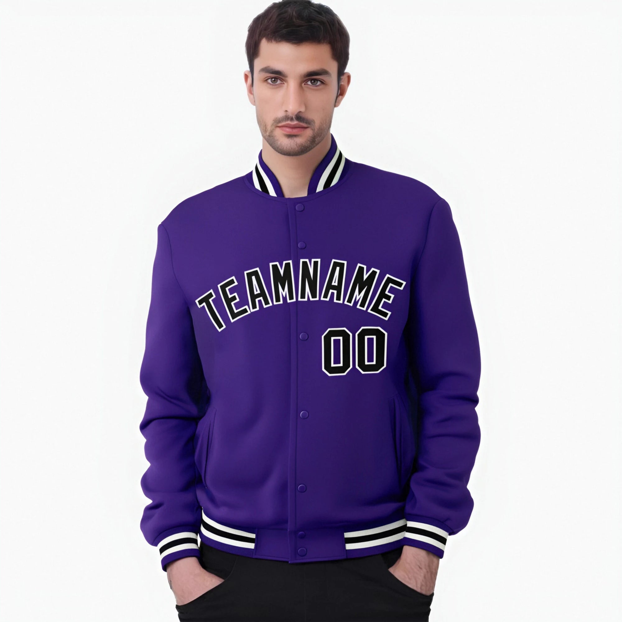 Custom Purple Black-White Bomber Full-Snap Varsity Letterman Jacket