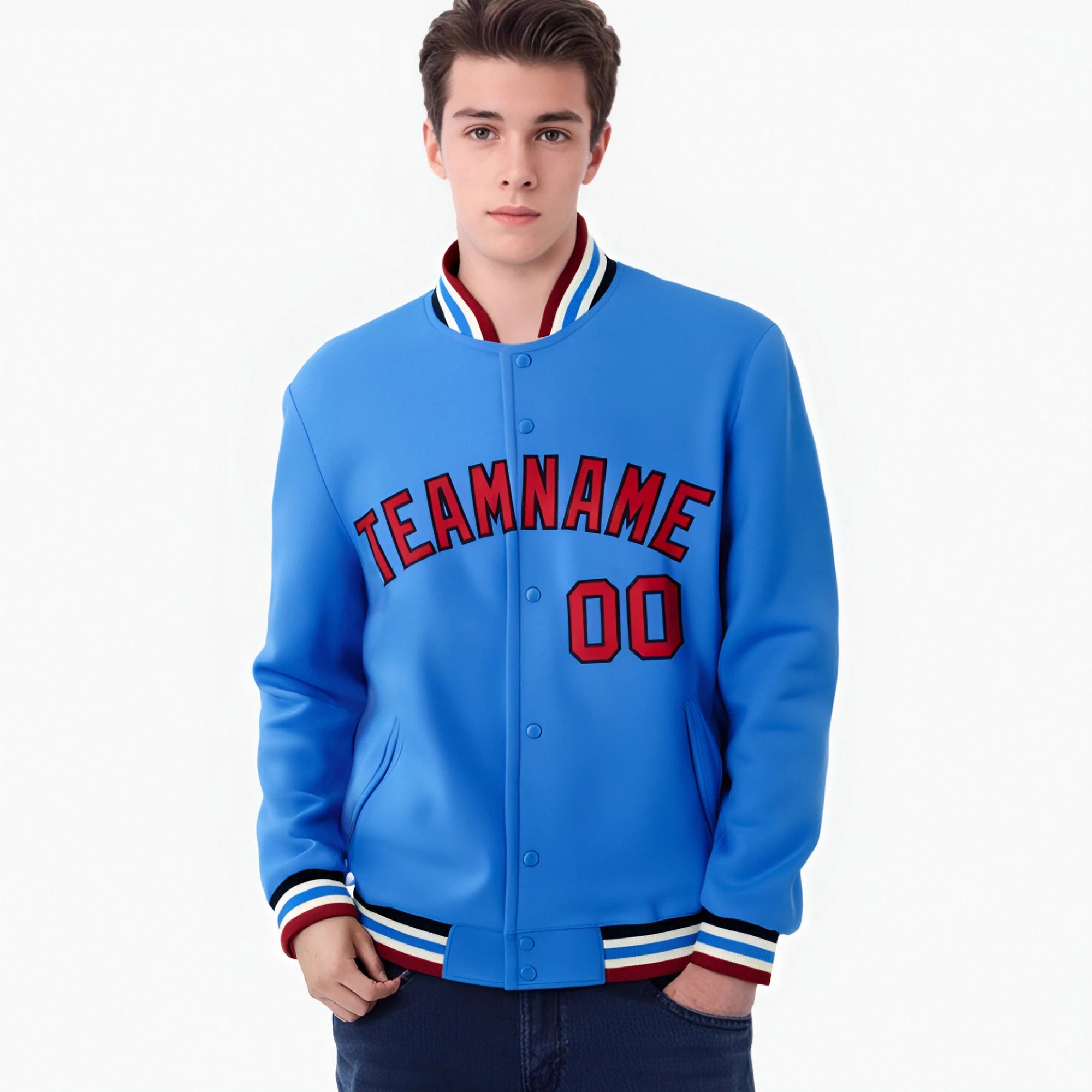 Custom Electric Blue Red-Black Bomber Full-Snap Varsity Letterman Jacket