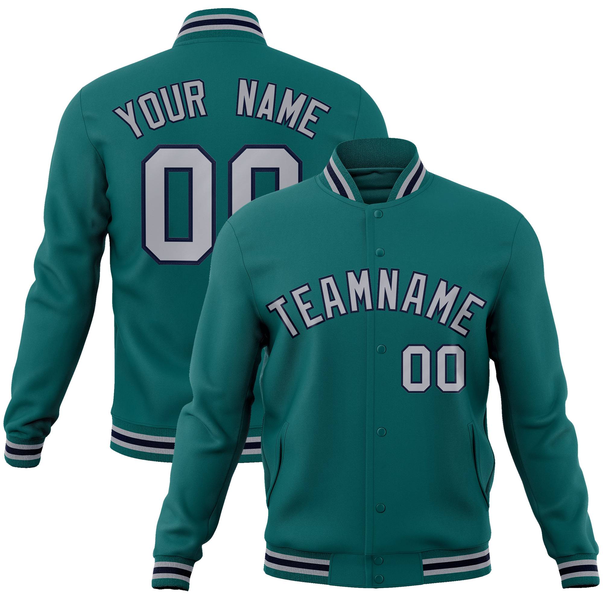 Custom Aqua Gray-Navy Bomber Full-Snap Varsity Letterman Jacket