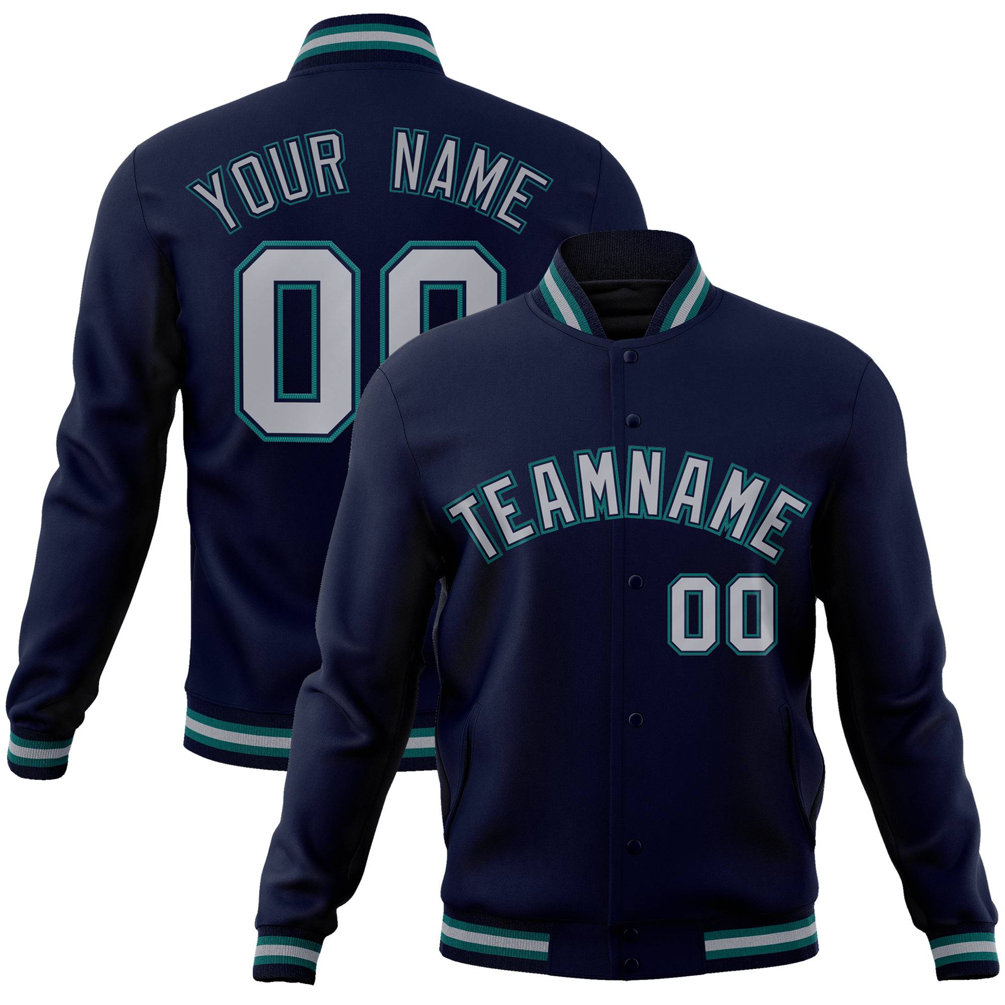 Custom Navy Gray-Aqua Bomber Full-Snap Varsity Letterman Jacket