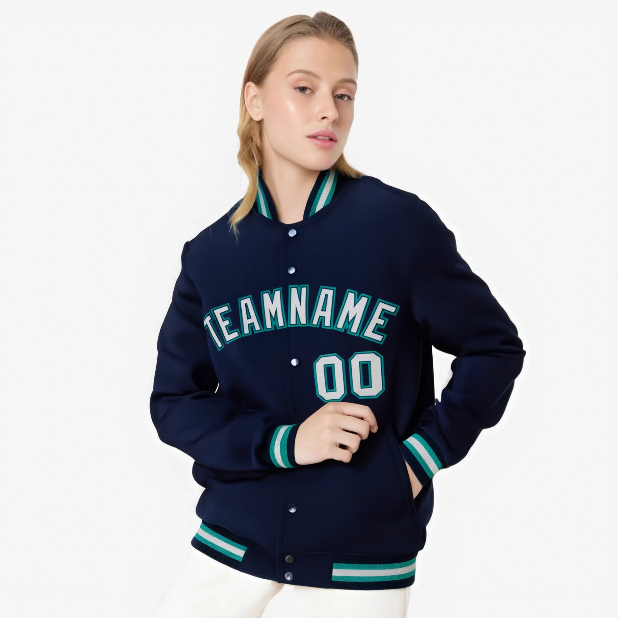 Custom Navy Gray-Aqua Bomber Full-Snap Varsity Letterman Jacket