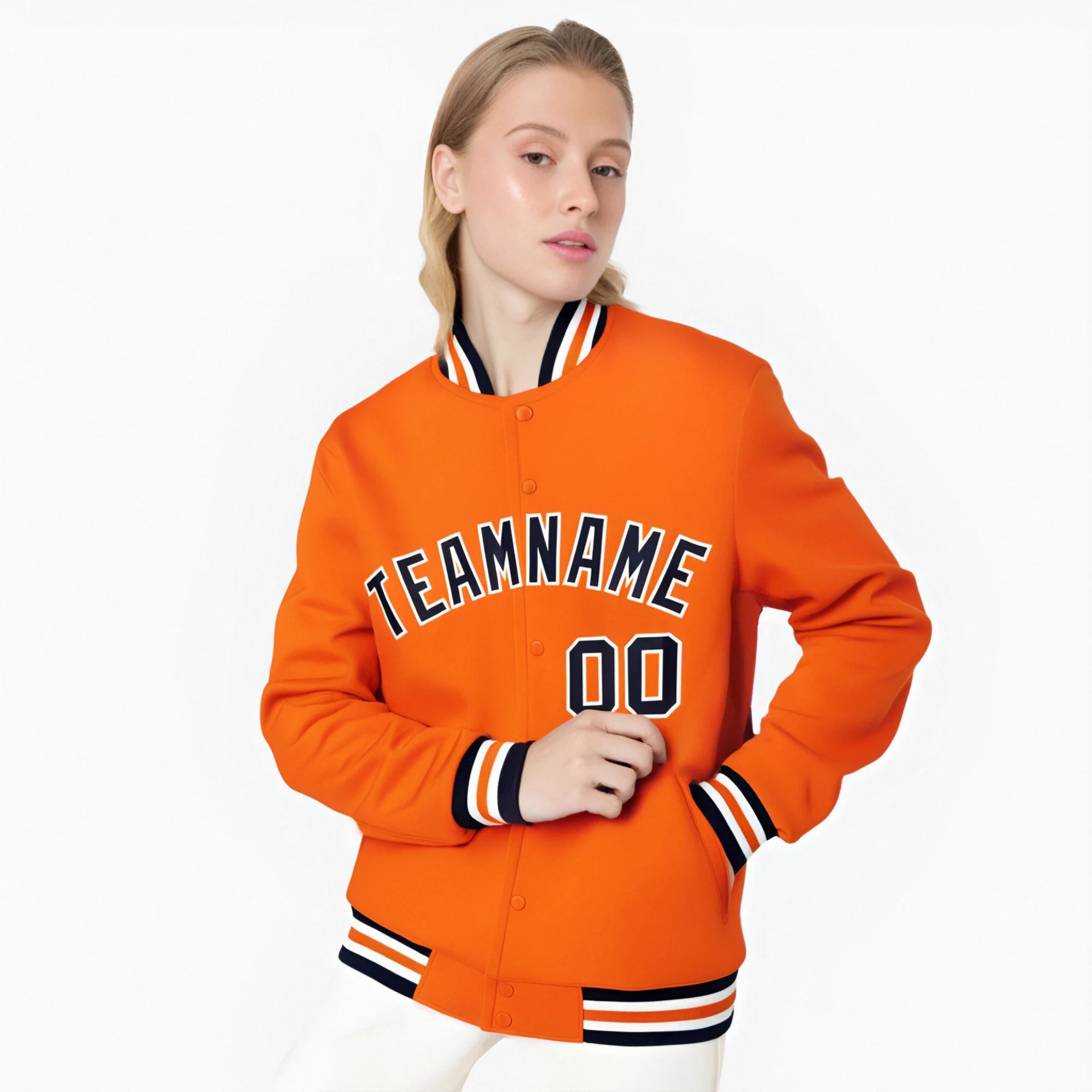 Custom Orange Navy-White Bomber Full-Snap Varsity Letterman Jacket